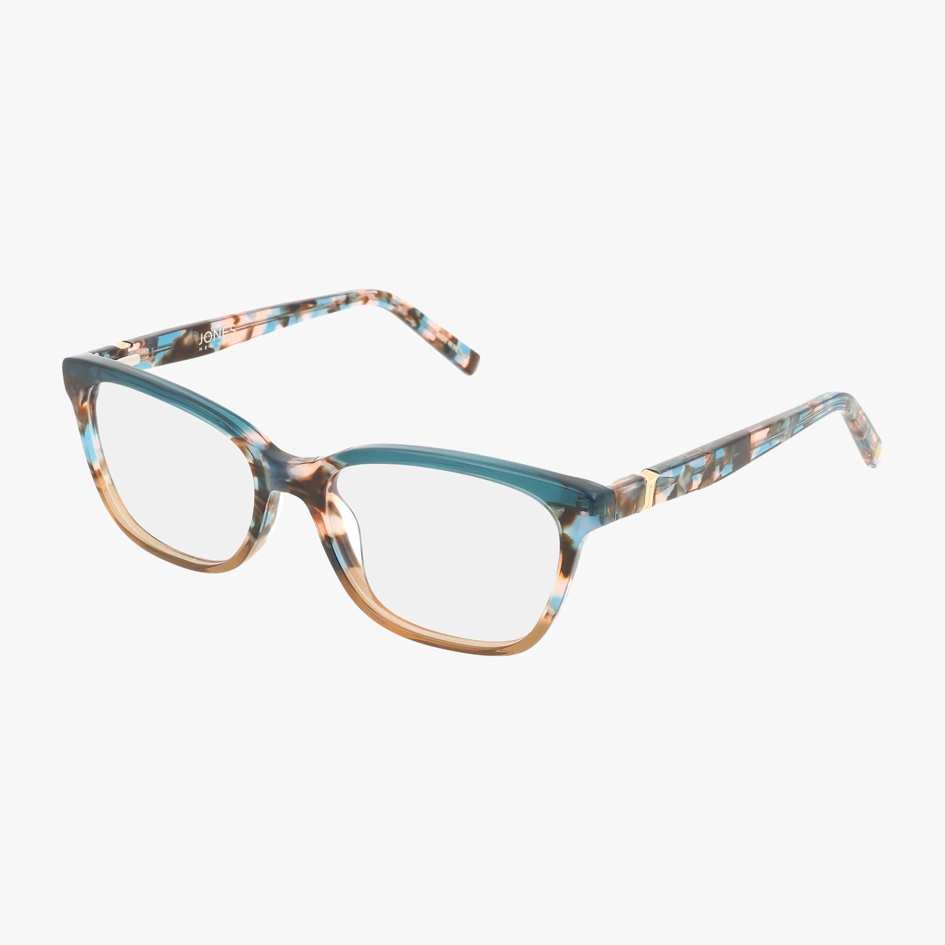 The Jones NY VJON786 features a rectangular frame in multicolored teal, beige, and brown. With clear lenses and a modern design, these glasses are ideal for prescription lenses or daily wear.
