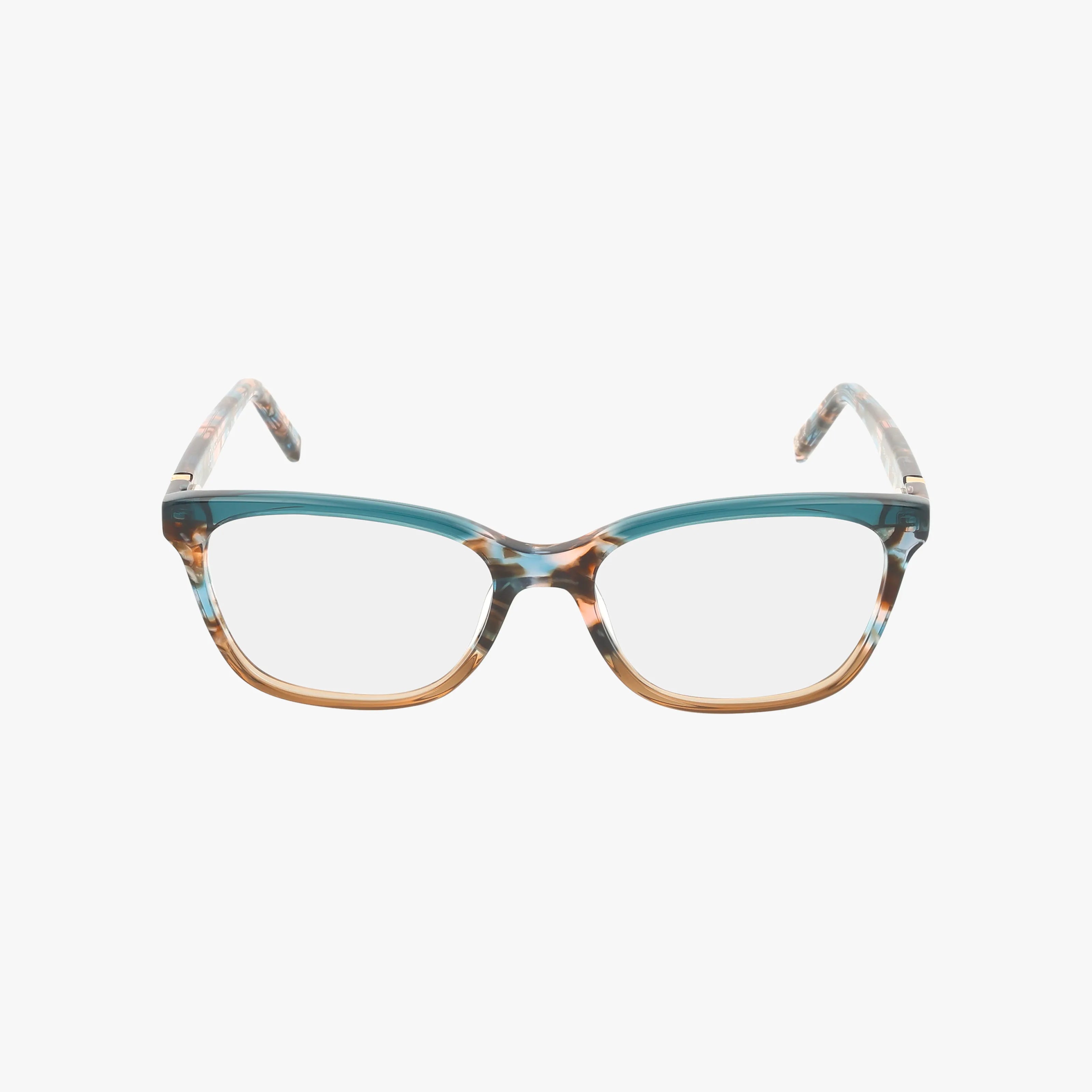 The Jones NY VJON786 eyeglasses feature rectangular lenses with a teal upper frame and light brown lower half, offering a chic two-tone style. Versatile for any look, these frames are shown on a crisp white background.