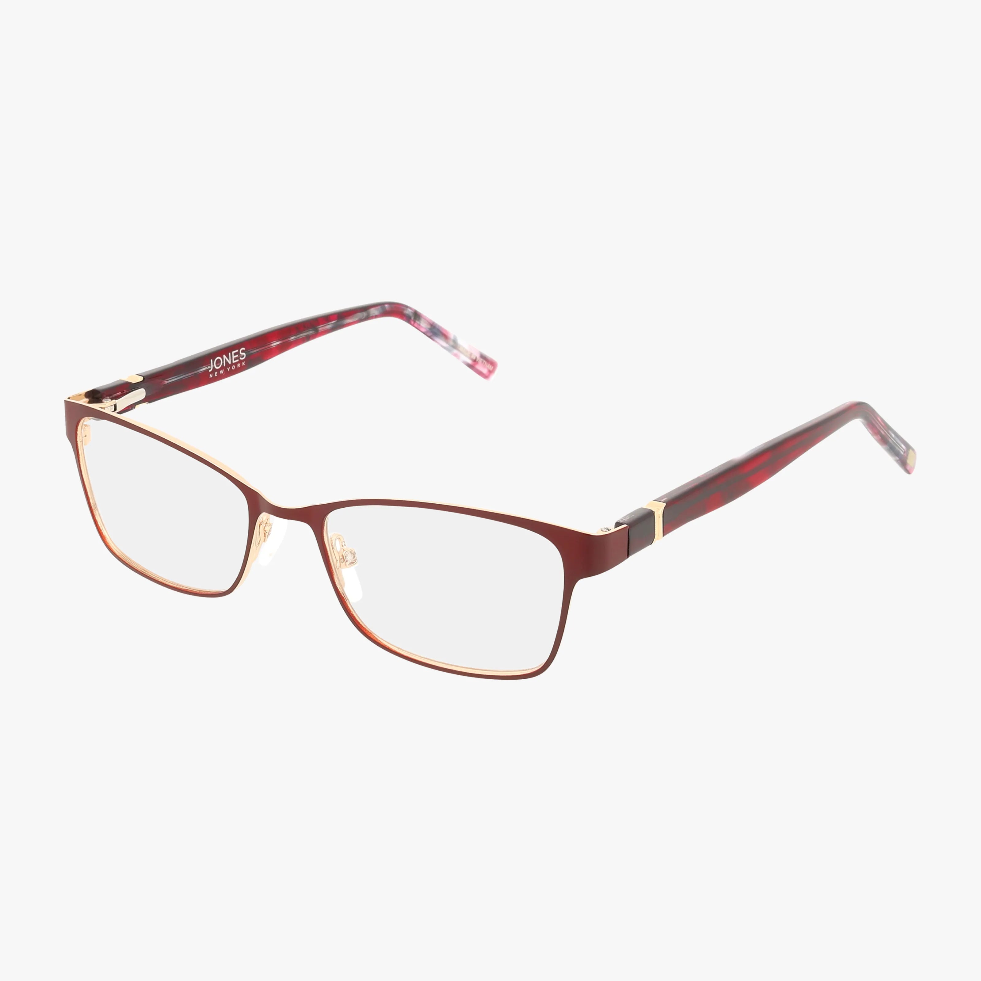 The Jones NY VJOP155 features rectangular eyeglasses with a thin brown metal frame and maroon-patterned arms, offering an elegant look ideal for daily wear. Shown on a white background.