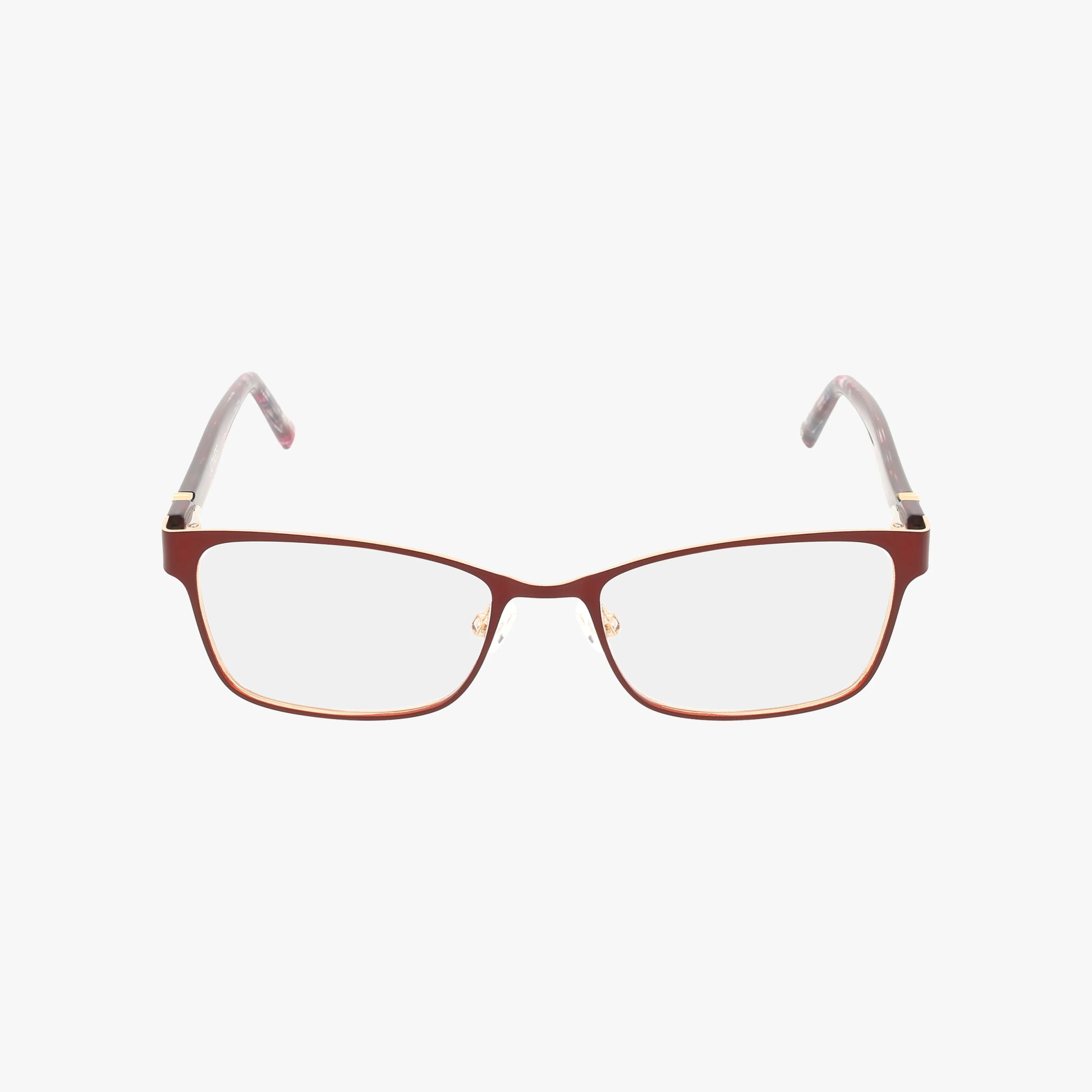 The Jones NY VJOP155 features rectangular eyeglasses with an elegant thin reddish-brown metal frame, clear lenses, and subtly patterned light temples. This durable eyewear is shown against a plain white background.