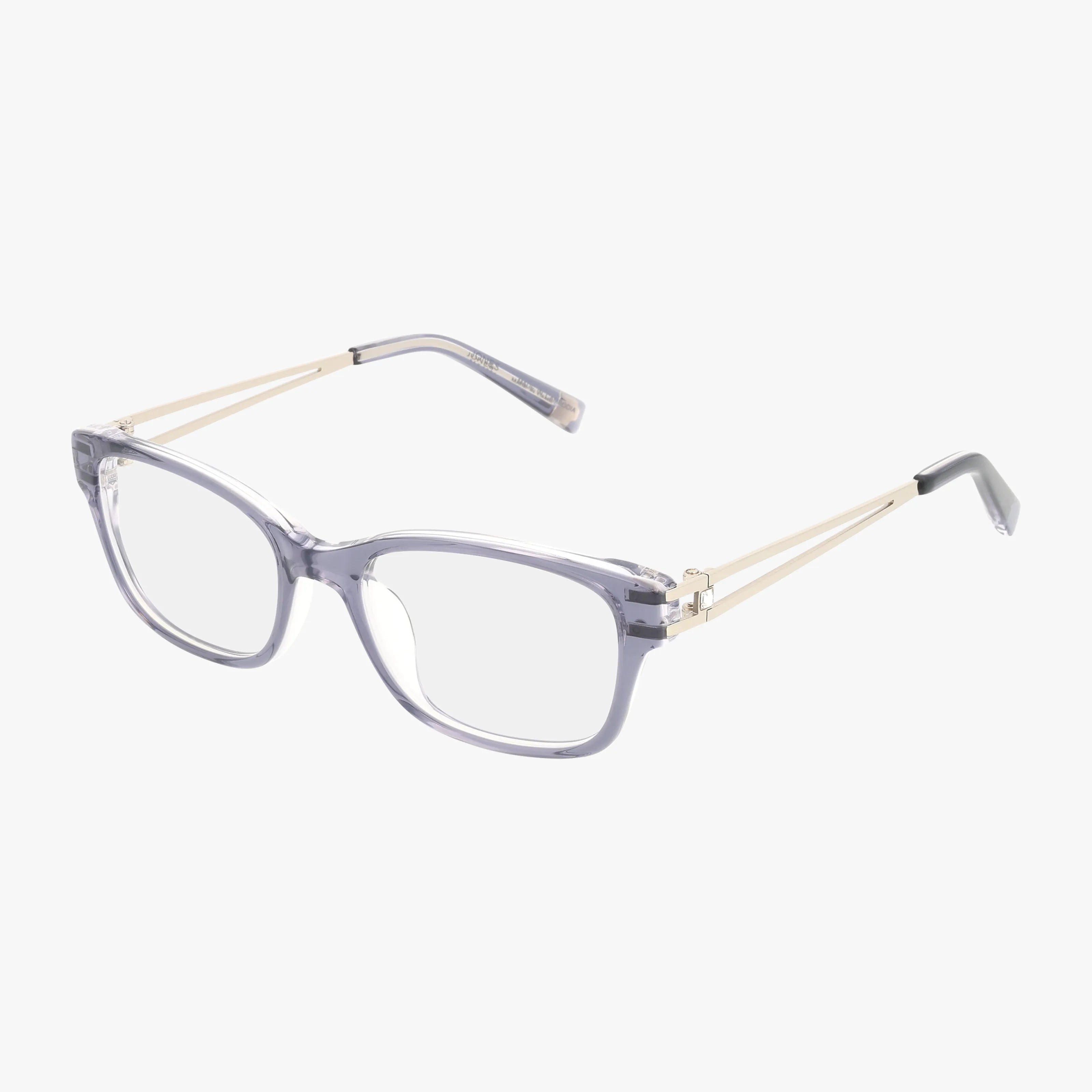 Jones NY VJOP250 clear rectangular eyeglasses feature a unique frame with light gray transparent plastic and slim gold metal arms. Shown on a white background. Prescription lenses available.