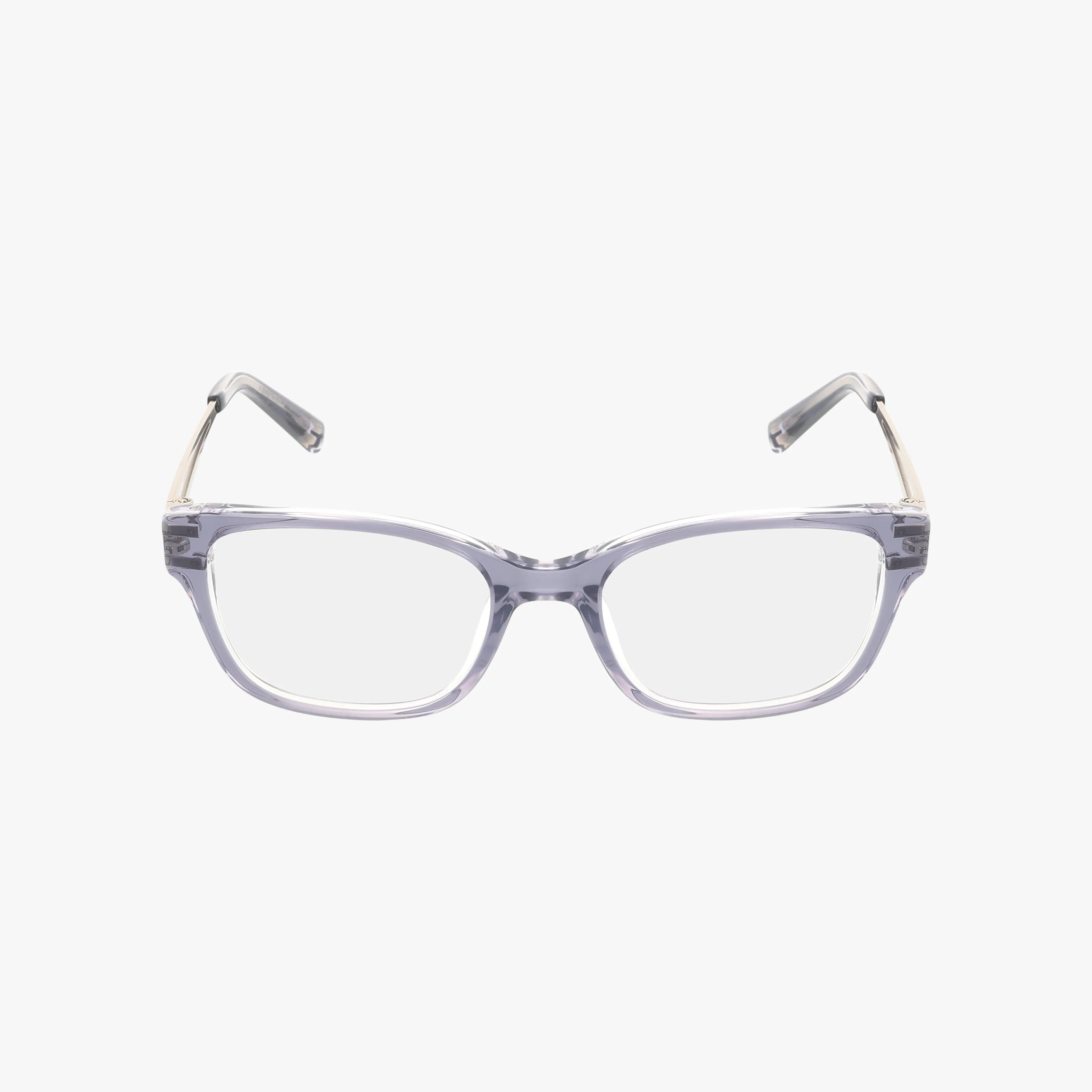 The Jones NY VJOP250 features clear, rectangular eyeglasses with bold transparent frames and matching arms, showcased on a plain white background.