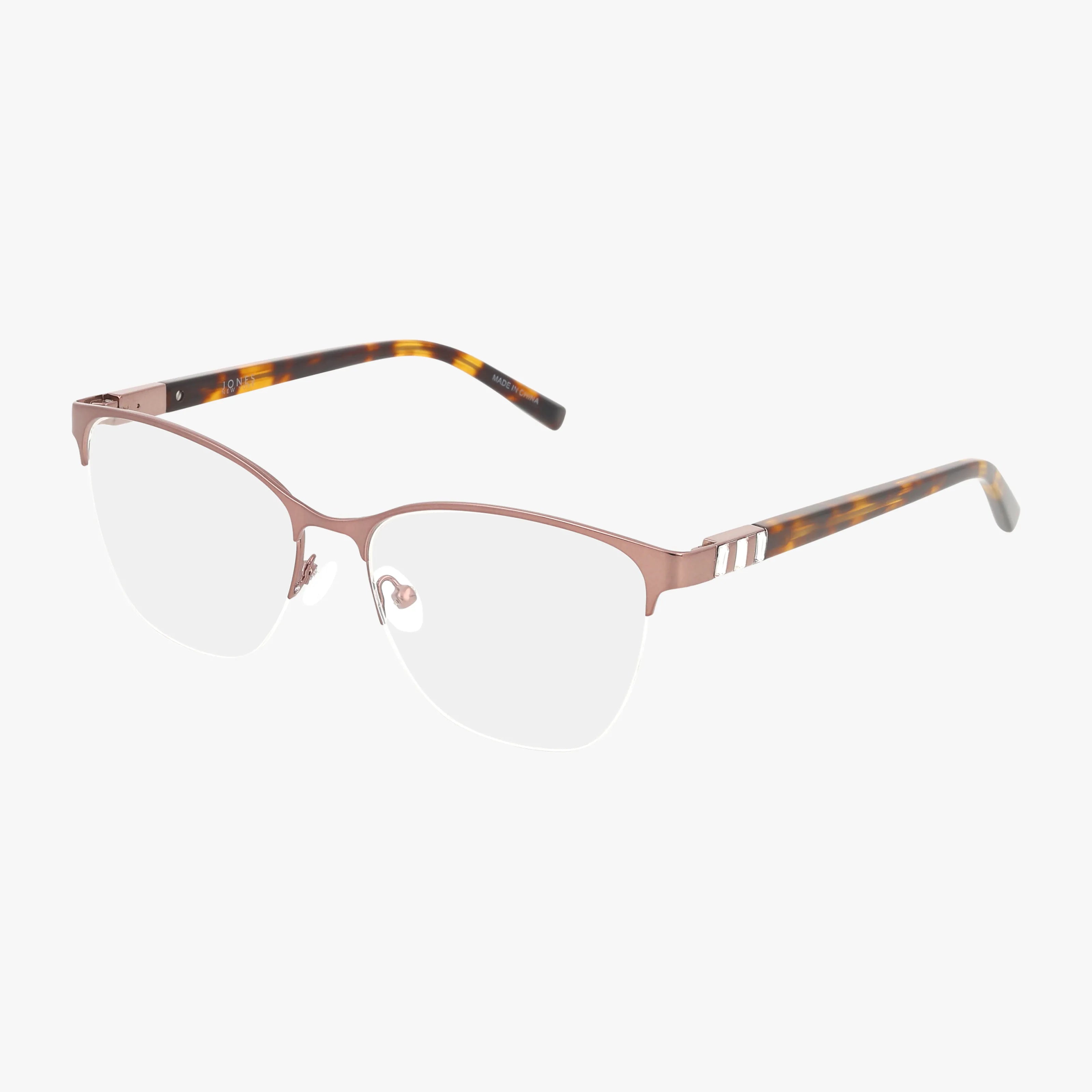The Jones NY VJON501 eyeglasses feature a semi-rimless rose gold metal frame with nose pads and tortoiseshell-patterned arms. Suitable for progressive lenses.