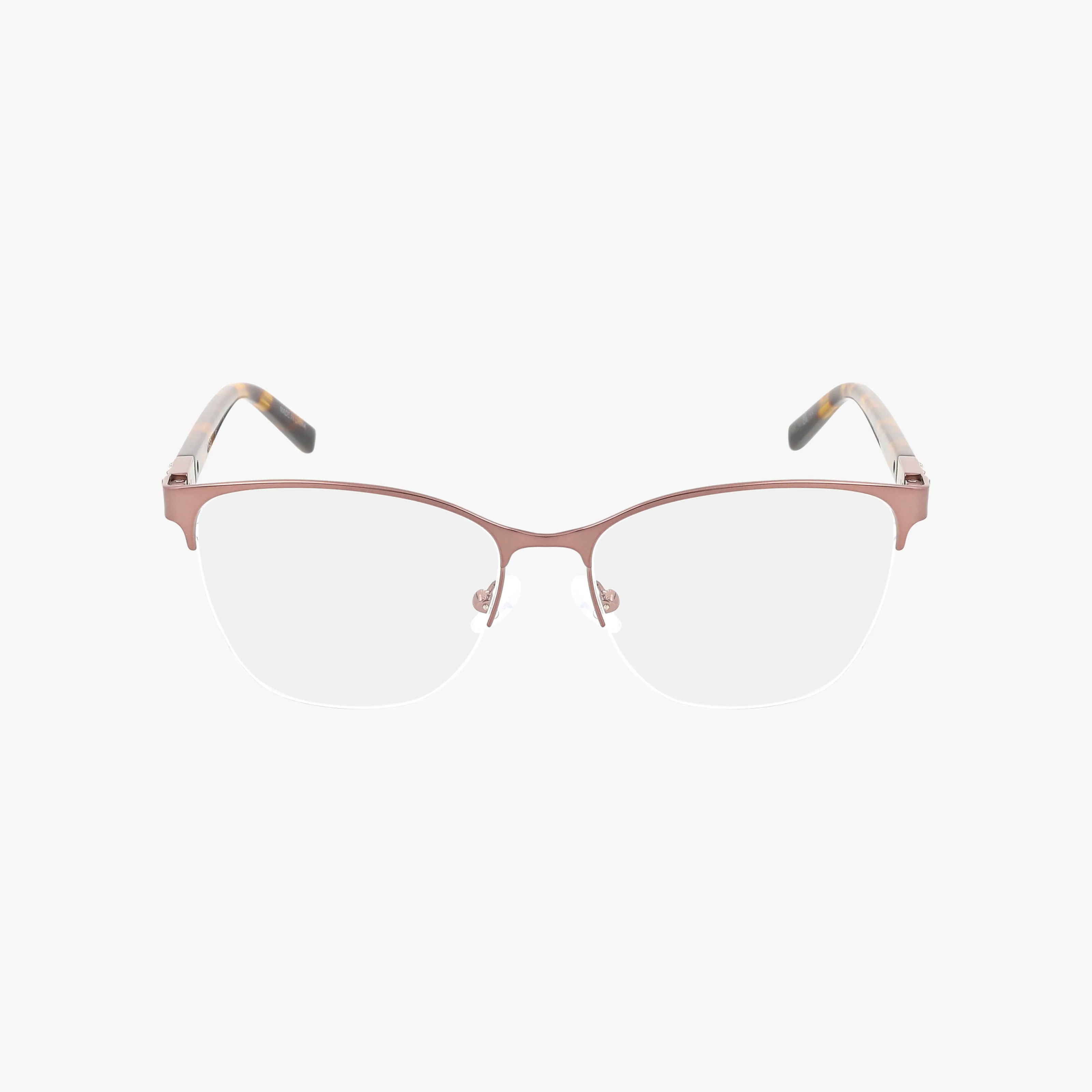 The Jones NY VJON501 eyeglasses feature a semi-rimless rose gold metal frame with clear lenses and translucent temples with dark tips, shown on a plain white background.