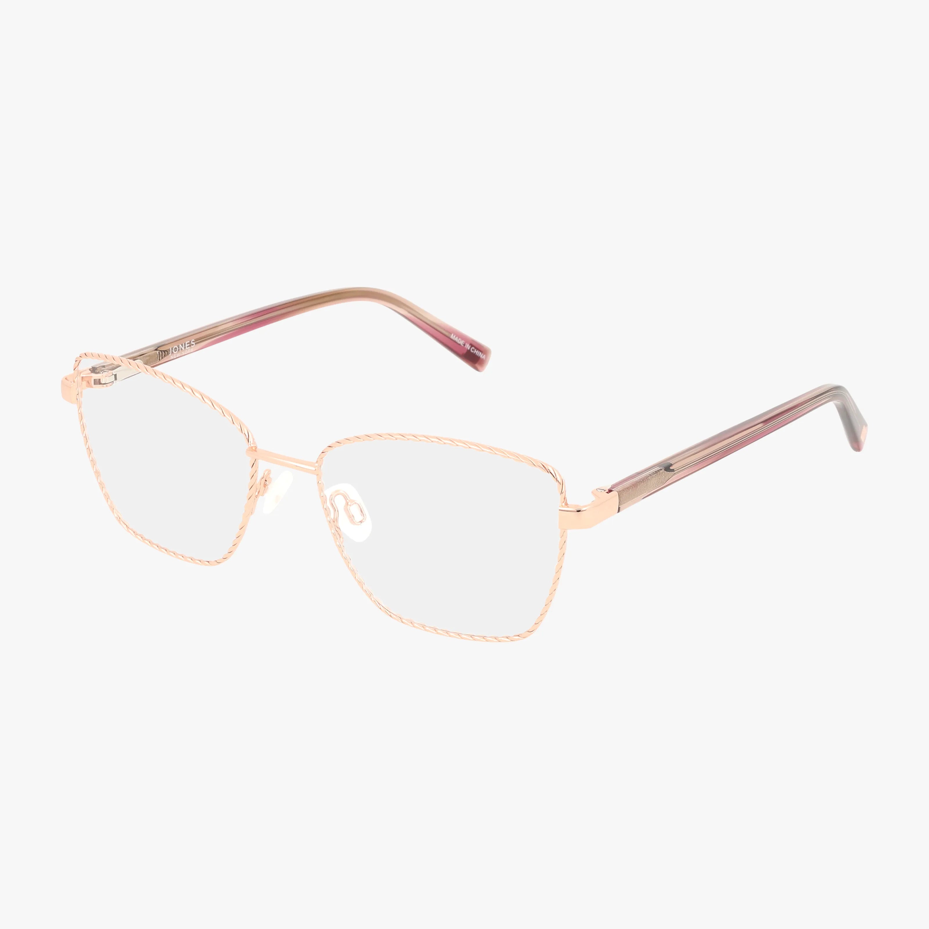 The Jones NY VJON503 eyeglasses feature a gold metal frame with square lenses, pinkish-brown arms, and subtle twisted rim detailing, shown on a plain white background.