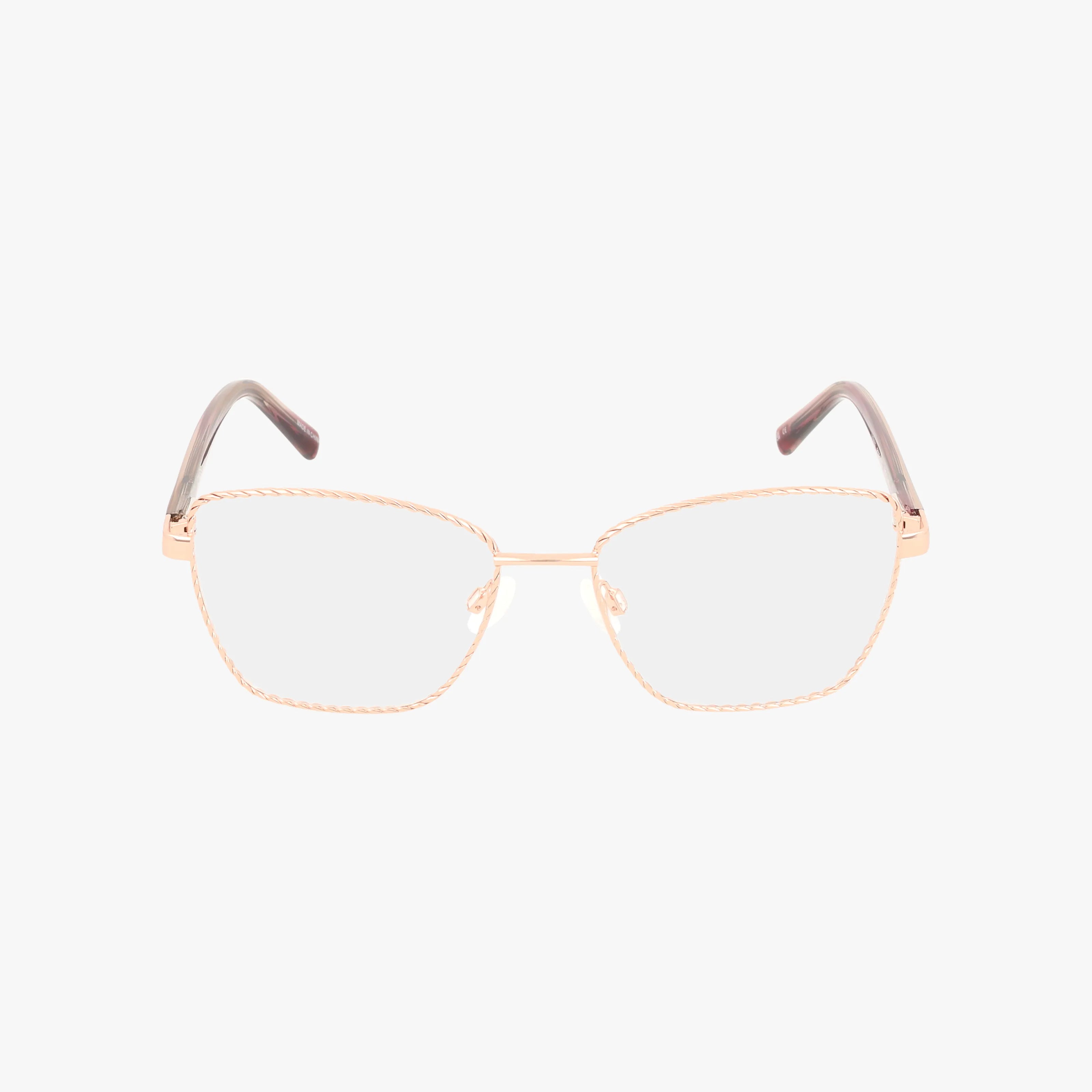 The Jones NY VJON503 features gold frames with a stylish, thin rectangular design and subtly rounded edges. The brown temples have a gentle gradient for a secure fit, showcased against a plain white background.
