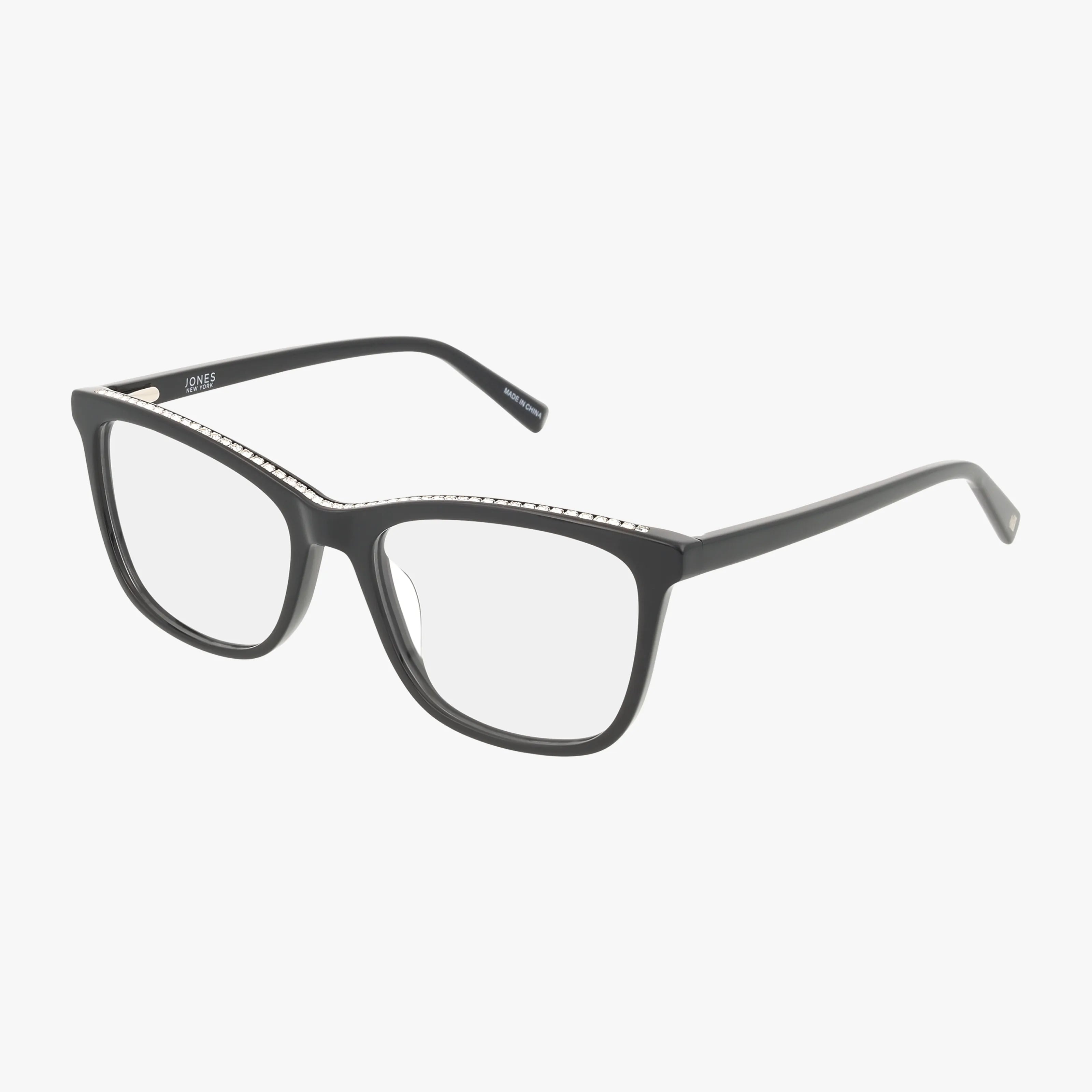 The Jones NY VJON794 features black rectangular frames with clear lenses and slightly curved arms, offering stylish eyewear for any occasion, displayed on a white background.