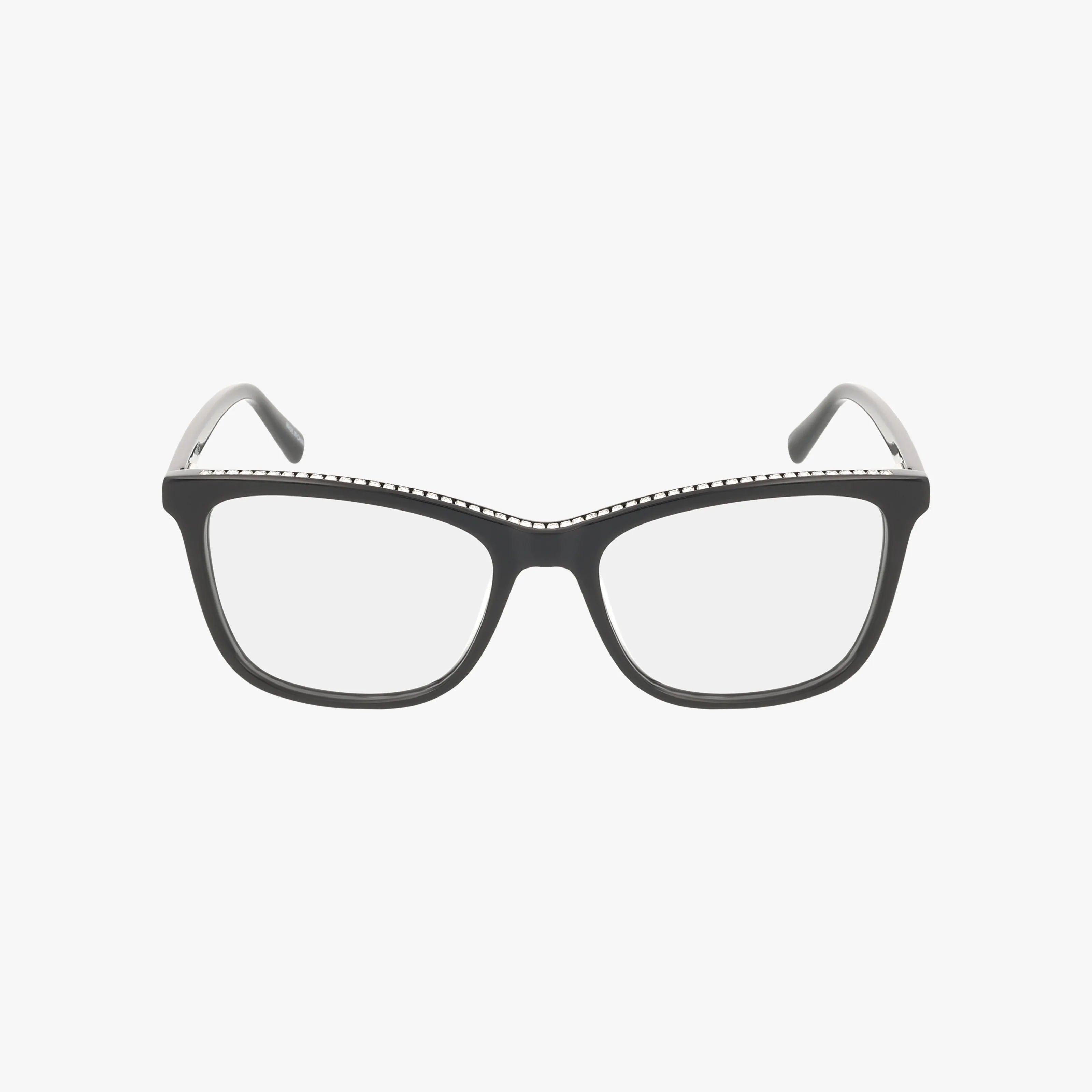 The Jones NY VJON794 are black rectangular eyeglasses with clear progressive lenses, decorative studs on the vibrant frame’s top edge, and transparent temple tips, shown on a white background.