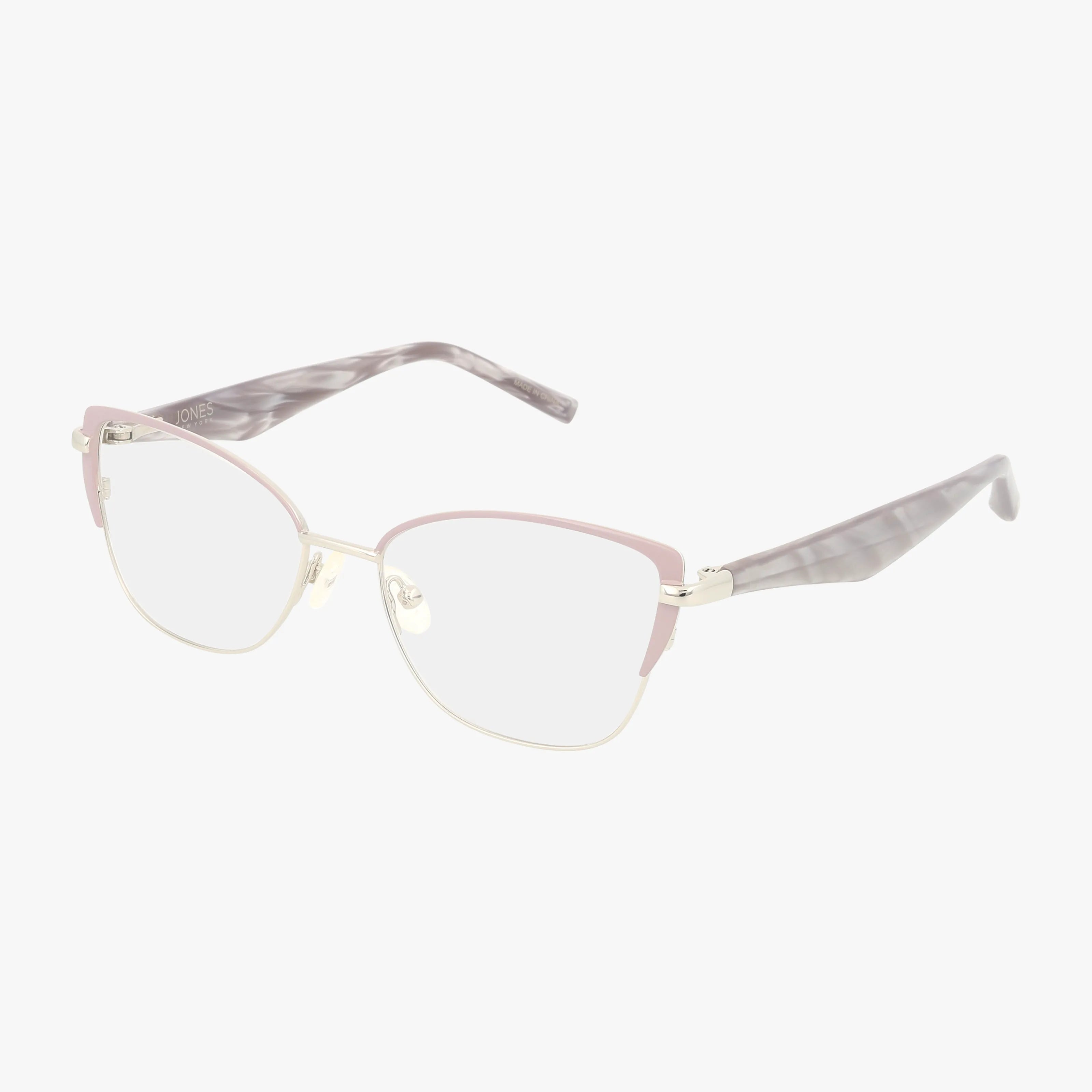 The Jones NY VJON506 eyeglasses feature thin gold metal rims, light pink accents on the upper frame, and translucent marbled gray temples—bold design meets everyday excellence. Shown on a white background.