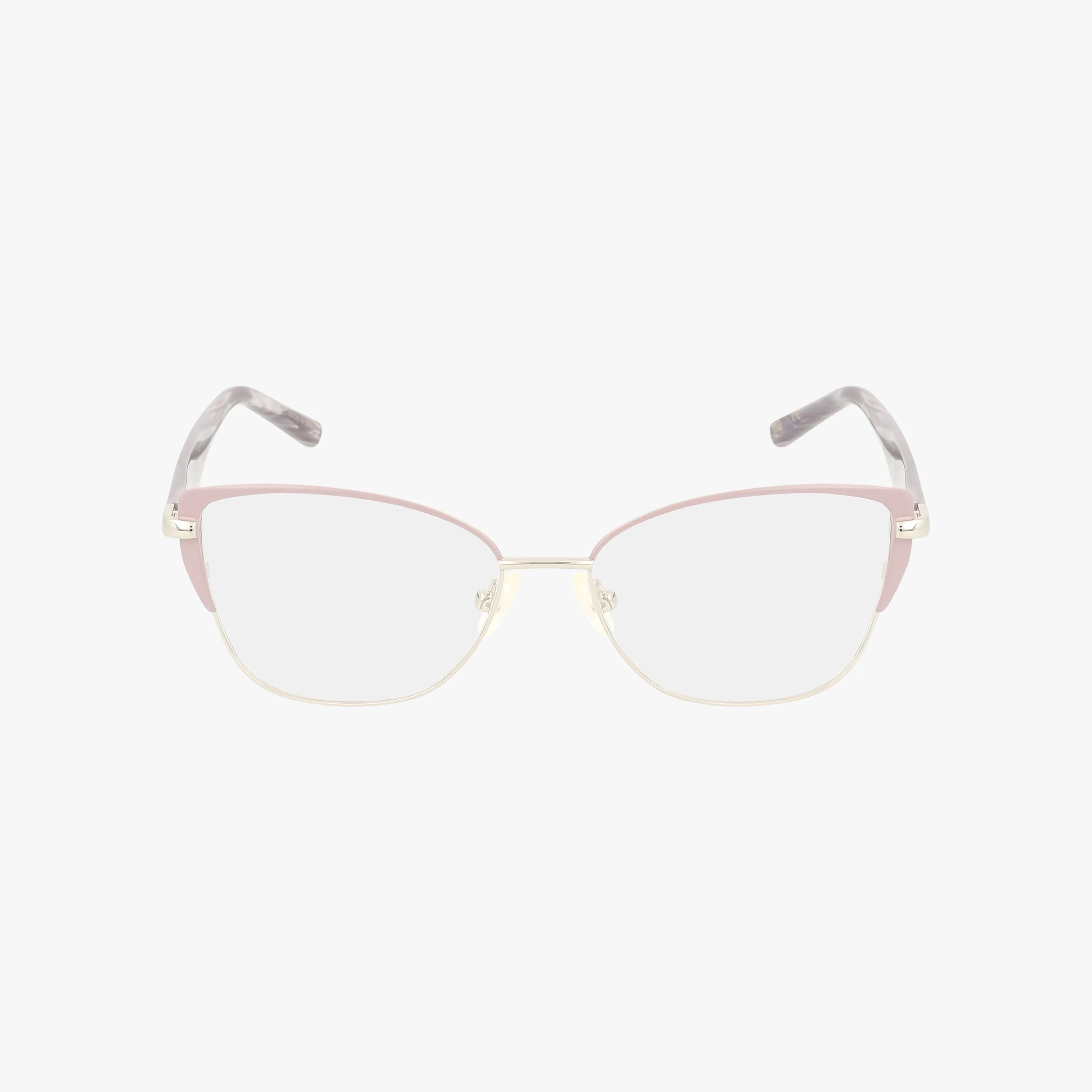 The Jones NY VJON506 eyeglasses feature thin gold metal frames, pink accents on the top rims, and marbled gray temple arms, blending bold style with everyday excellence—shown on a plain white background.