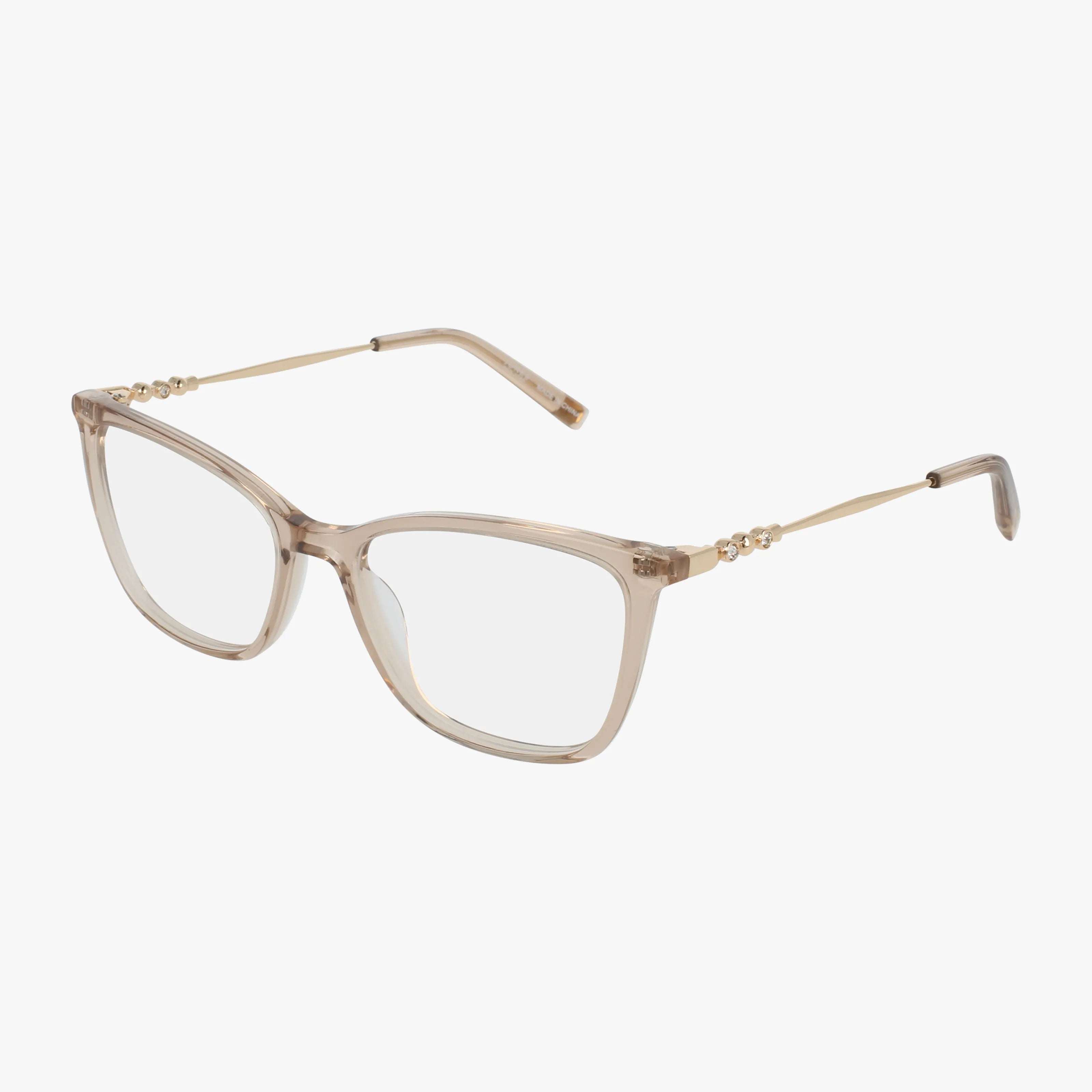 The Jones NY VJON797 features transparent beige rectangular frames with gold metal temples and bead accents by the hinges, creating a modern look. Perfect for online shopping, its showcased against a white background.