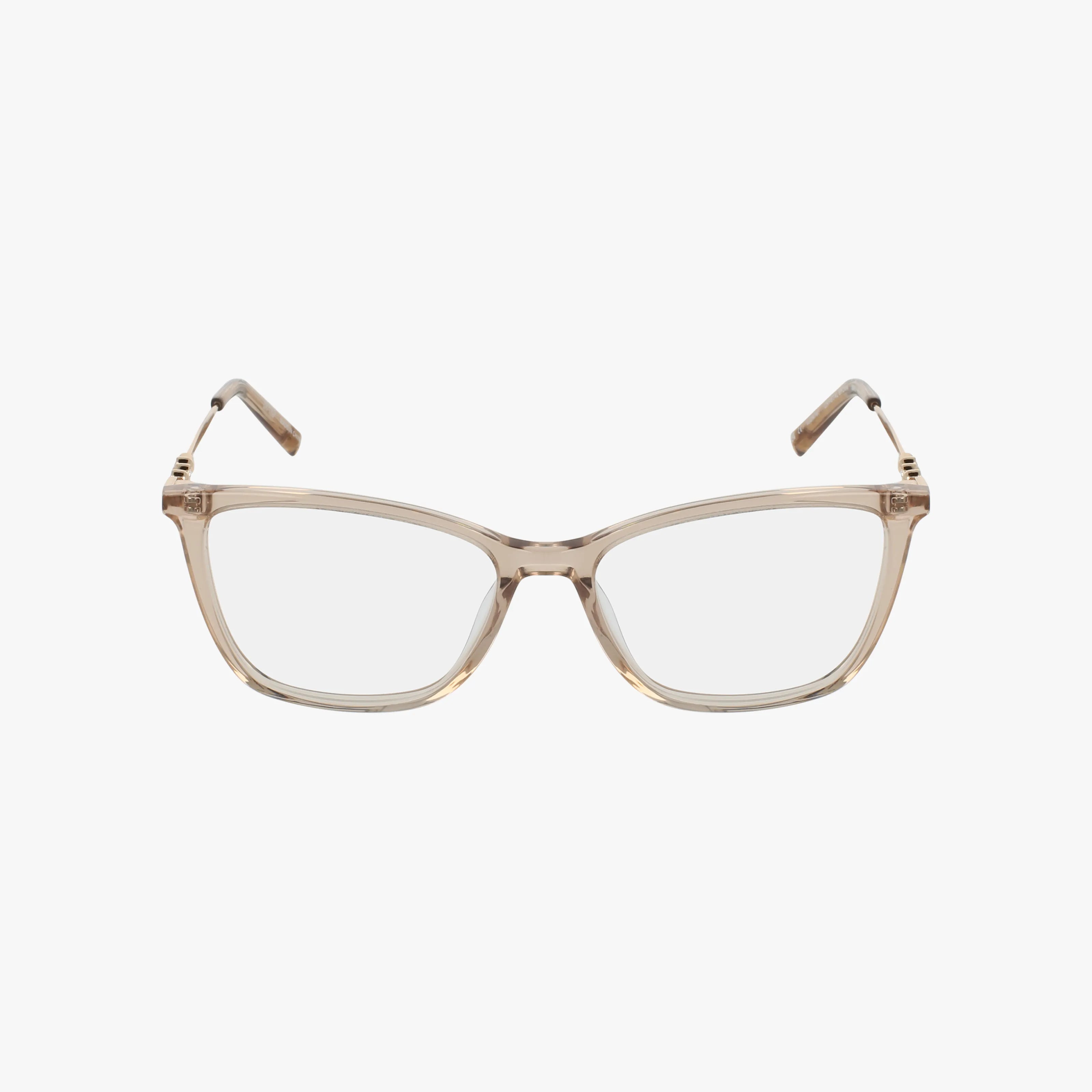The Jones NY VJON797 features clear, rectangular eyewear with slightly rounded edges and transparent beige plastic frames, shown on a white background, facing forward—ideal for online shopping.