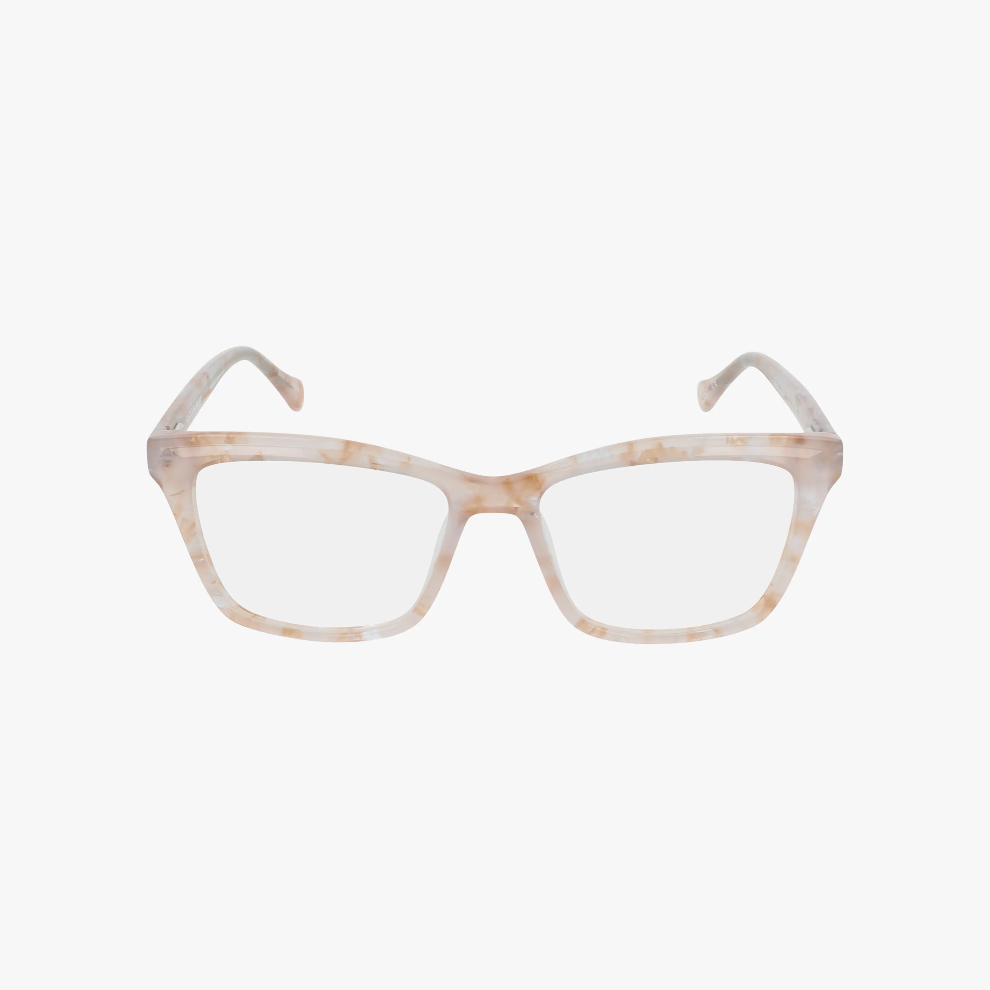 The Lucky VLBD255 eyeglasses feature a translucent light beige and cream marbled cat-eye frame with clear lenses, combining distinct style and practical design, displayed against a plain white background.