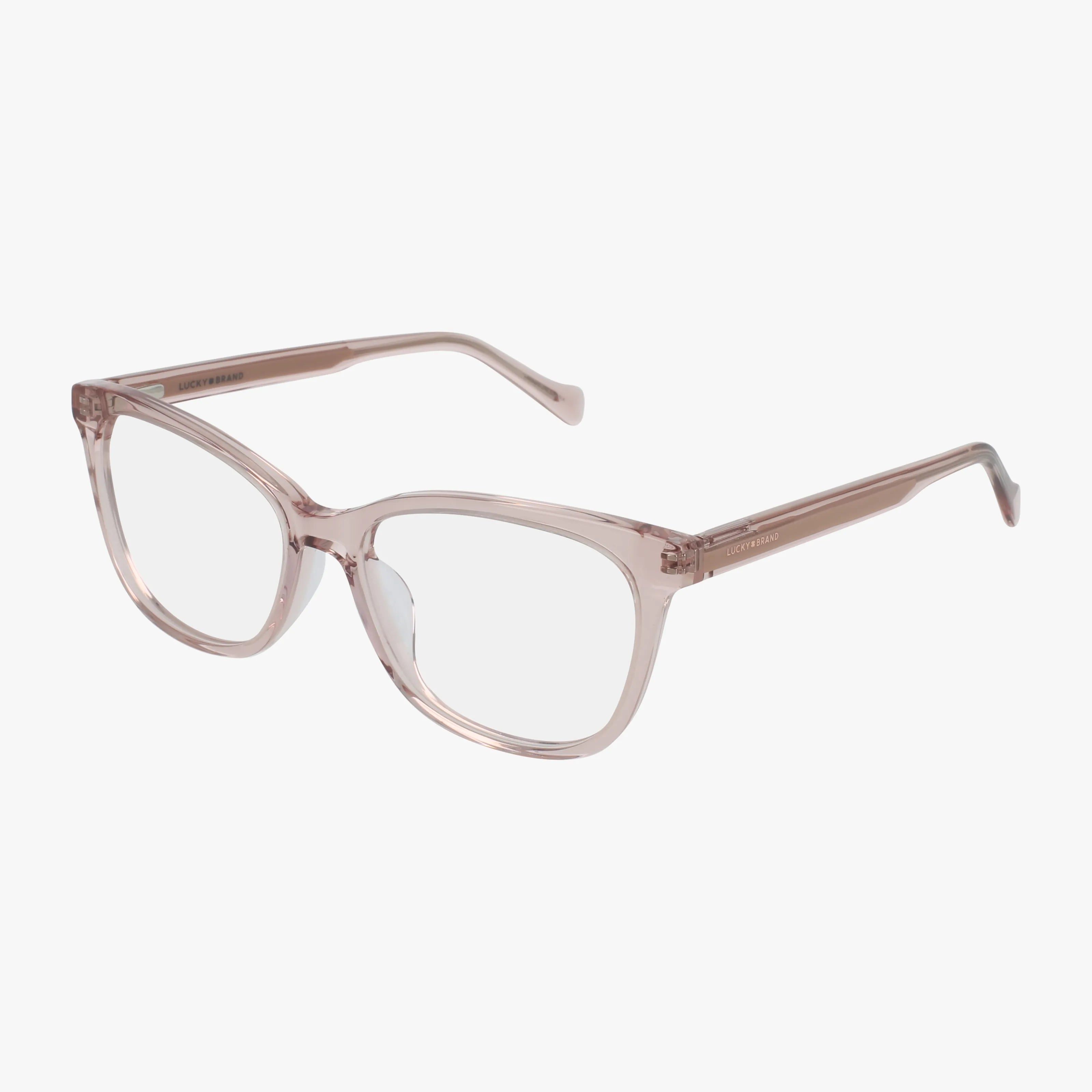 Lucky VLBD261 eyeglasses in Pink Clear feature a translucent cat-eye design with sleek, slightly thick plastic frames, clear lenses, and straight arms with subtle branding by the hinges. Shown on a white background for a versatile look.