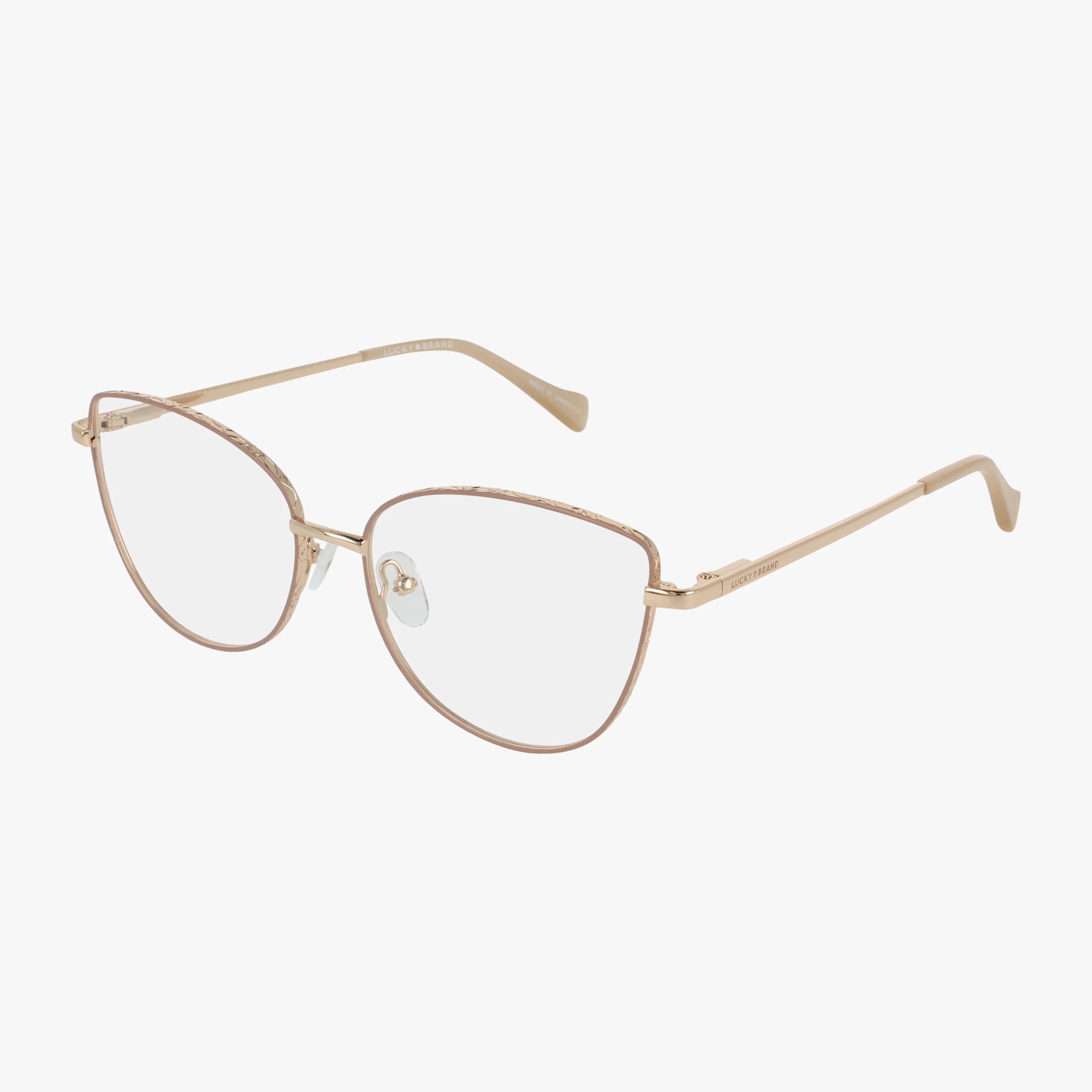 Lucky VLBD135 eyeglasses in brown gold feature clear prescription lenses, a thin metal cat-eye frame, and adjustable nose pads, shown against a plain white background.