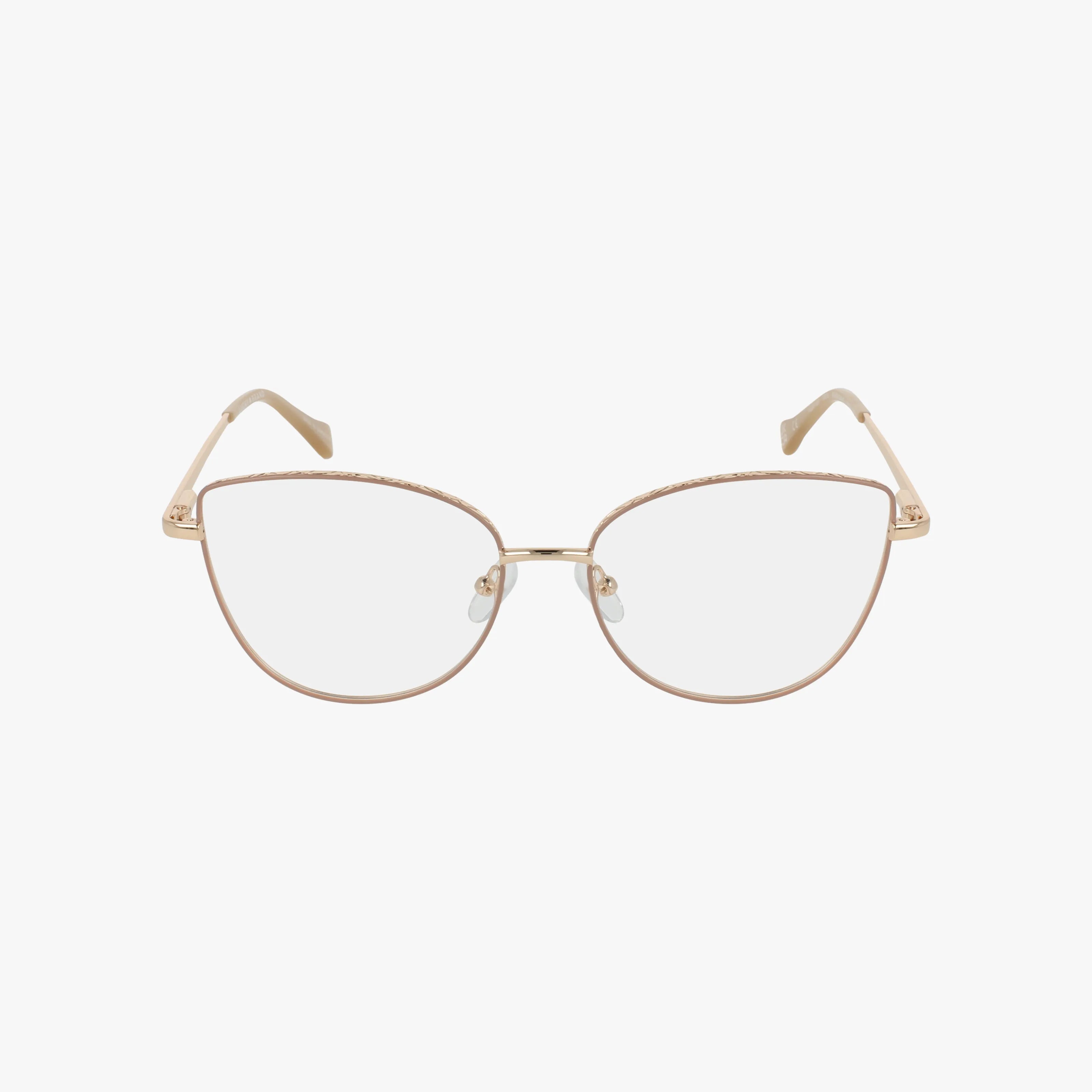 The Lucky VLBD135 features gold, cat-eye eyeglasses with a unique thin metal frame and clear lenses, shown on a white background.
