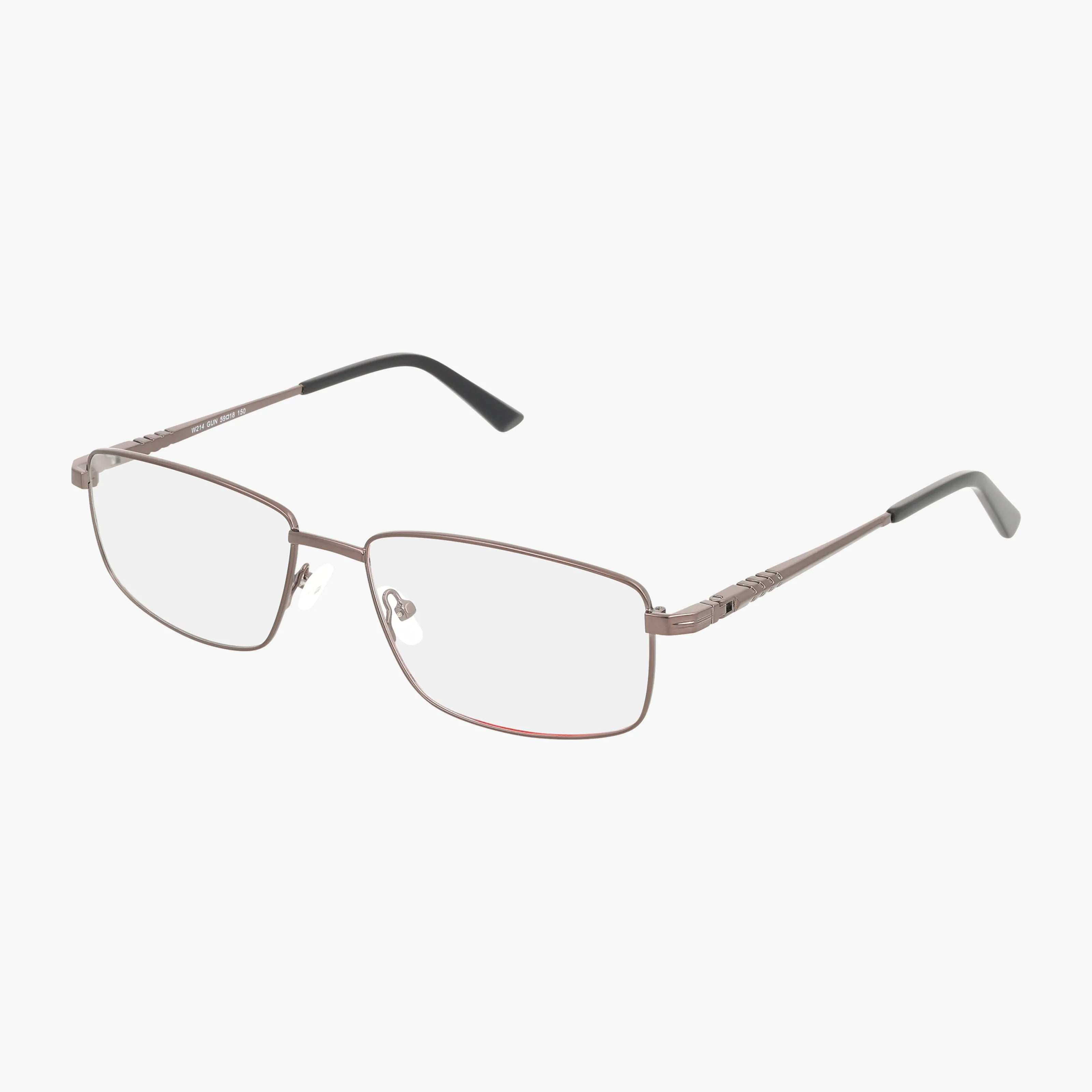 Wrangler 214 eyeglasses feature a rectangular, thin gunmetal frame with clear prescription lenses, black-tipped arms, and modern durability, displayed on a white background.