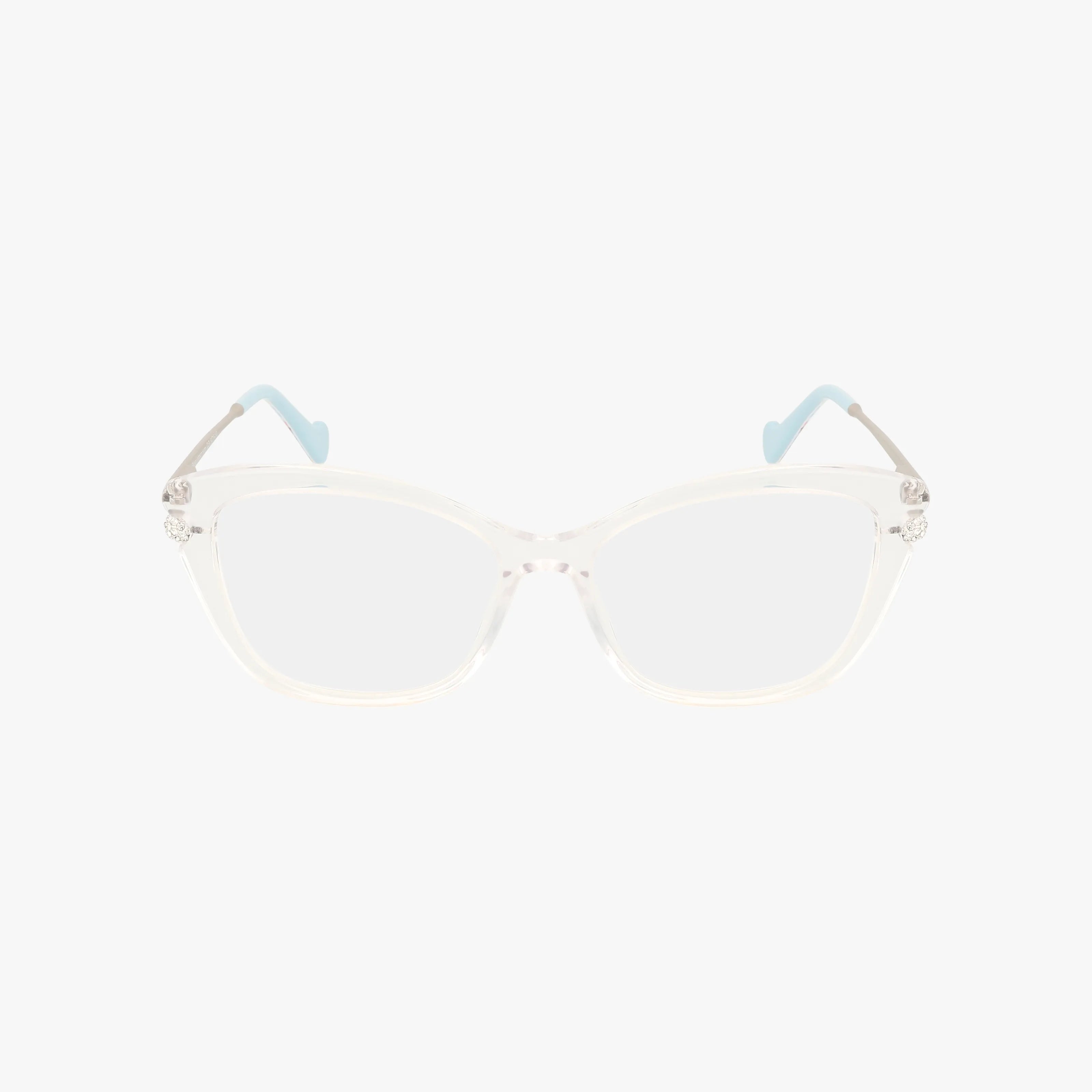 The HUNNY by Betsey Johnson features clear cat-eye frames with light blue arm tips and a hint of sparkle, displayed on a plain white background.