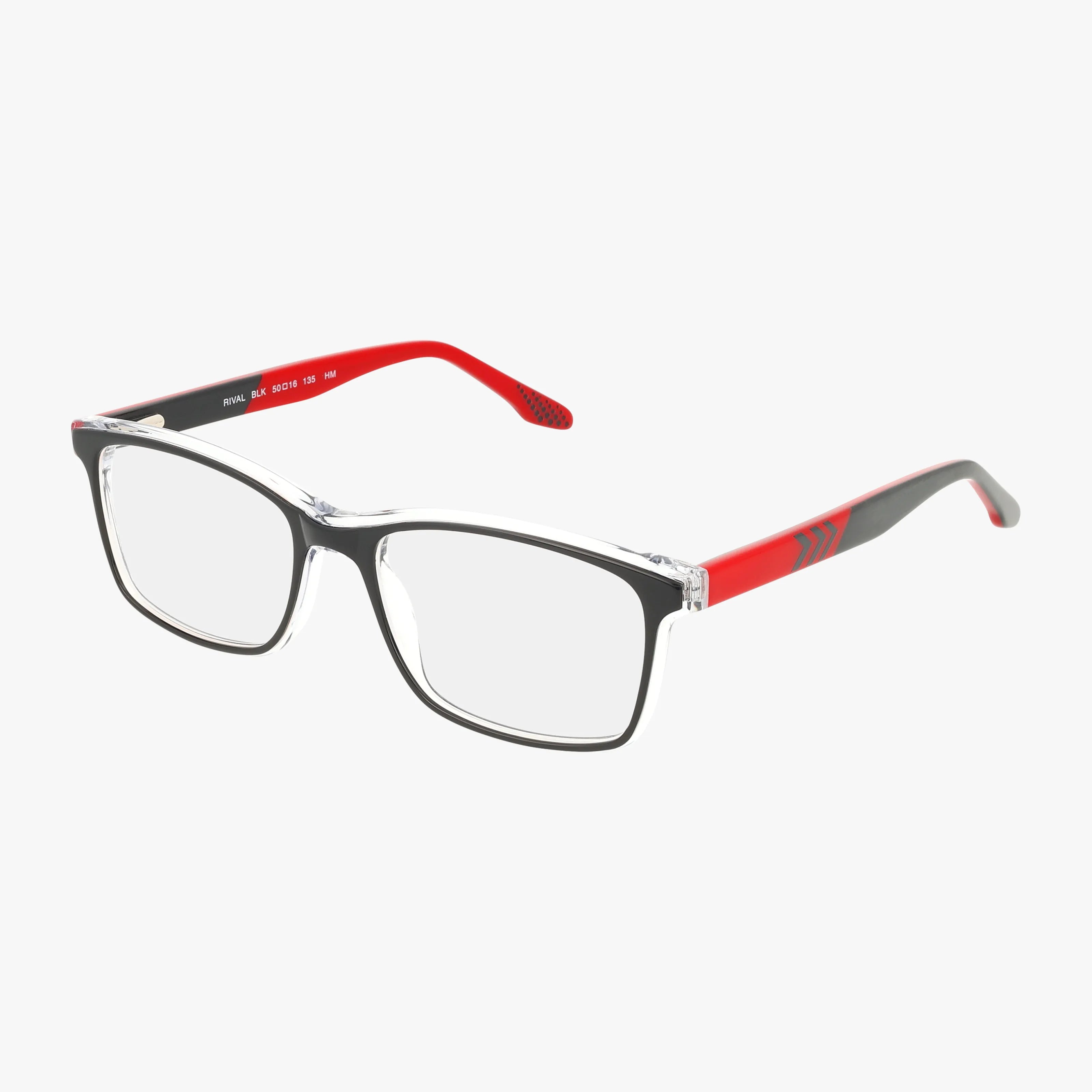 Cantera's RIVAL is a pair of rectangular eyeglasses in black, featuring sleek frames, clear lenses, and bold red temples with gray chevron accents. Lightweight and stylish, they offer versatile appeal for any occasion.