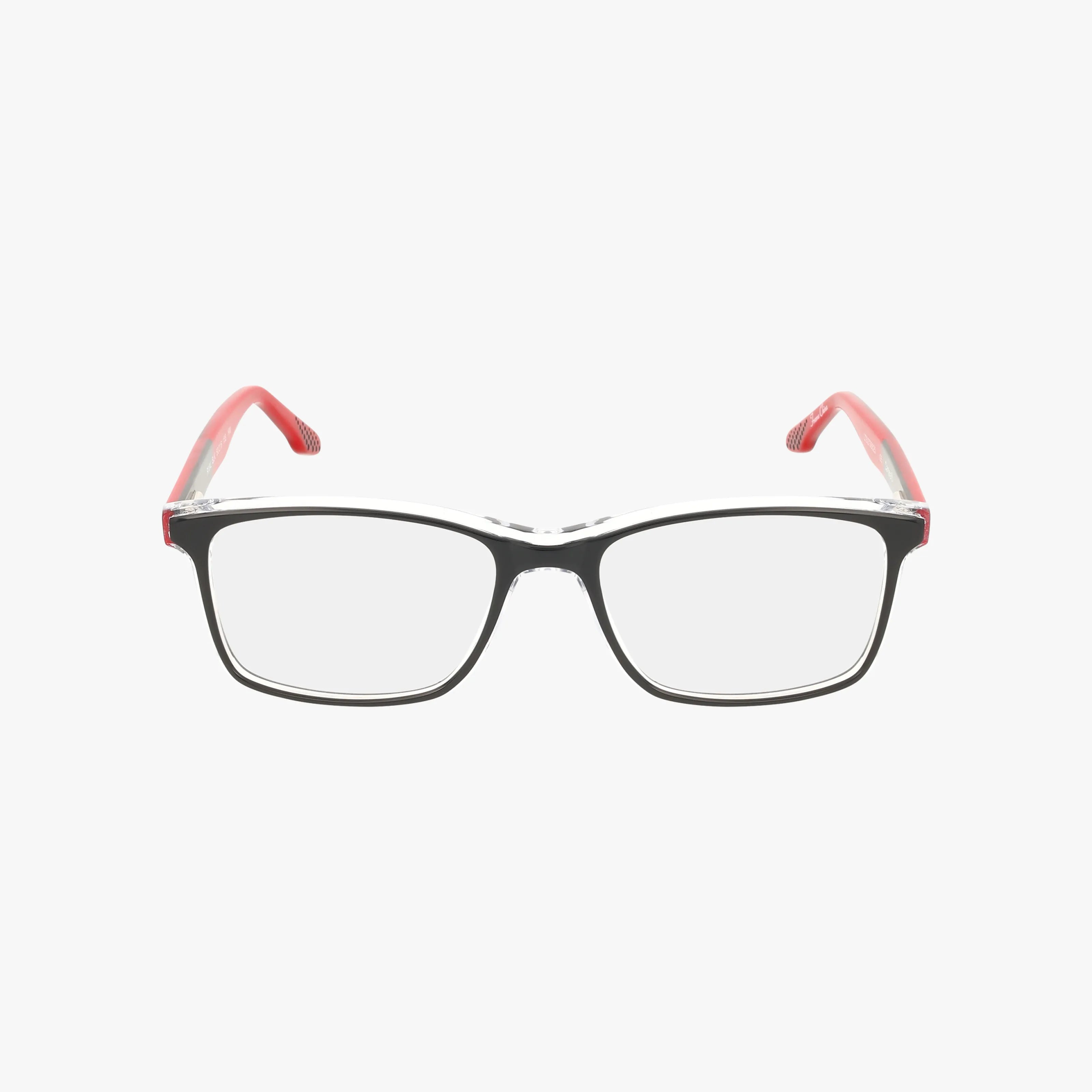 The Cantera RIVAL eyeglasses feature a sleek black rectangular frame with clear temples and red tips, shown facing forward on a white background for a versatile look.