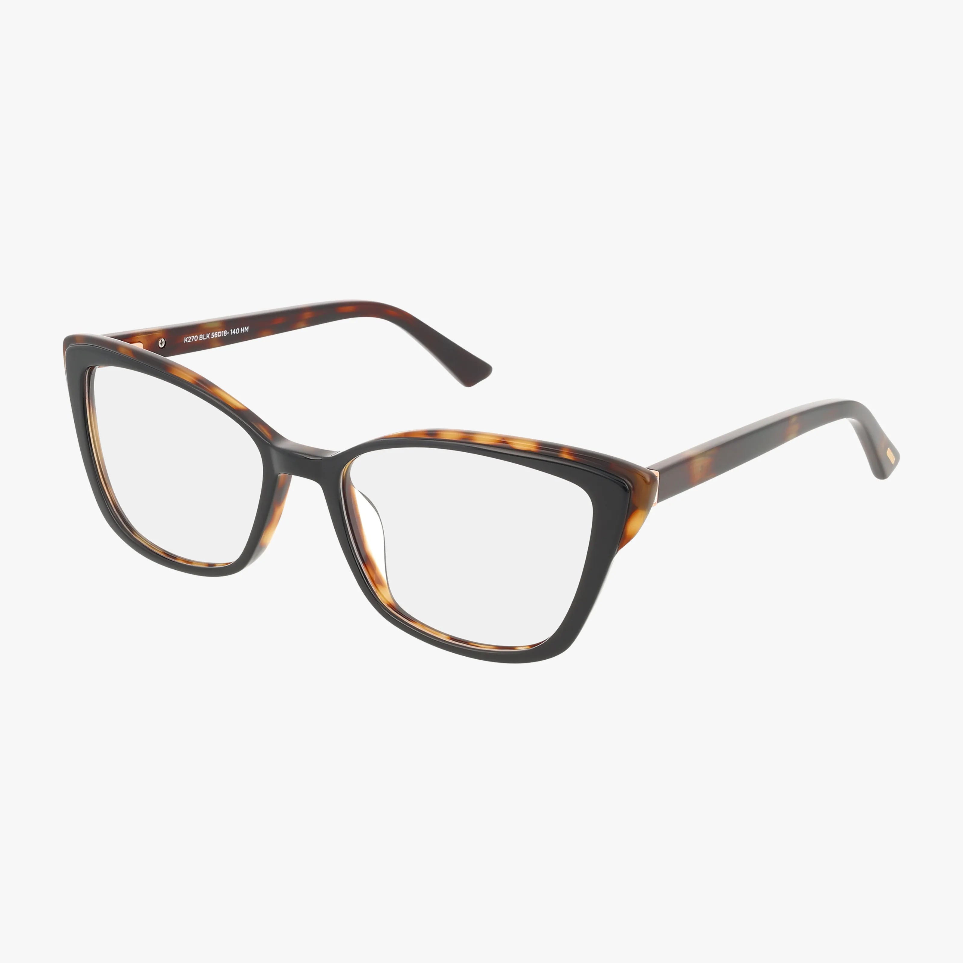 The Kay Unger K270 eyeglasses feature a sleek black, slightly cat-eye frame with clear lenses, offering versatile style. Shown on a white background.