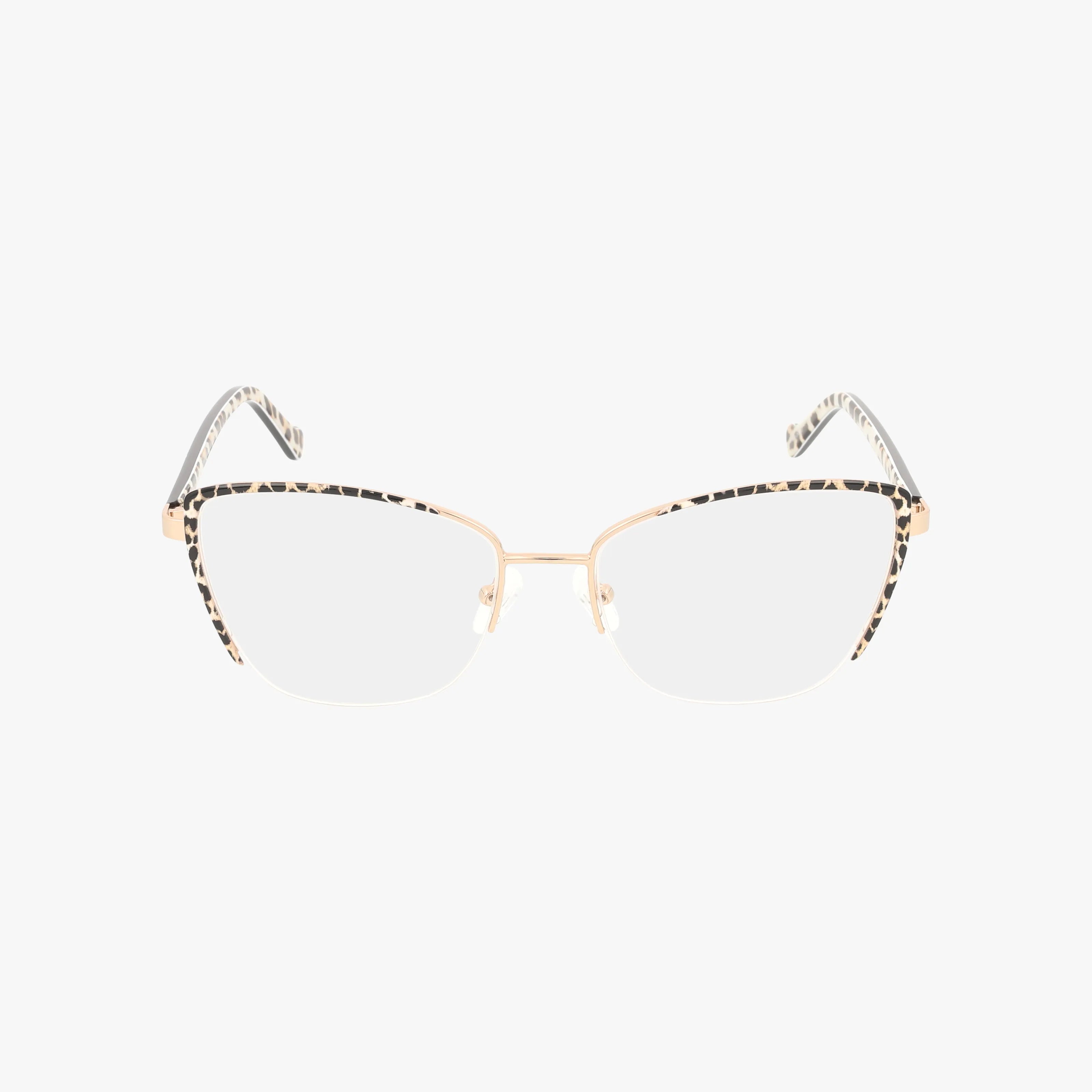 The Betsey Johnson MUSE eyeglasses feature thin gold metal frames with leopard-print accents on the temples and upper rims, offering a bold everyday look, shown against a plain white background.