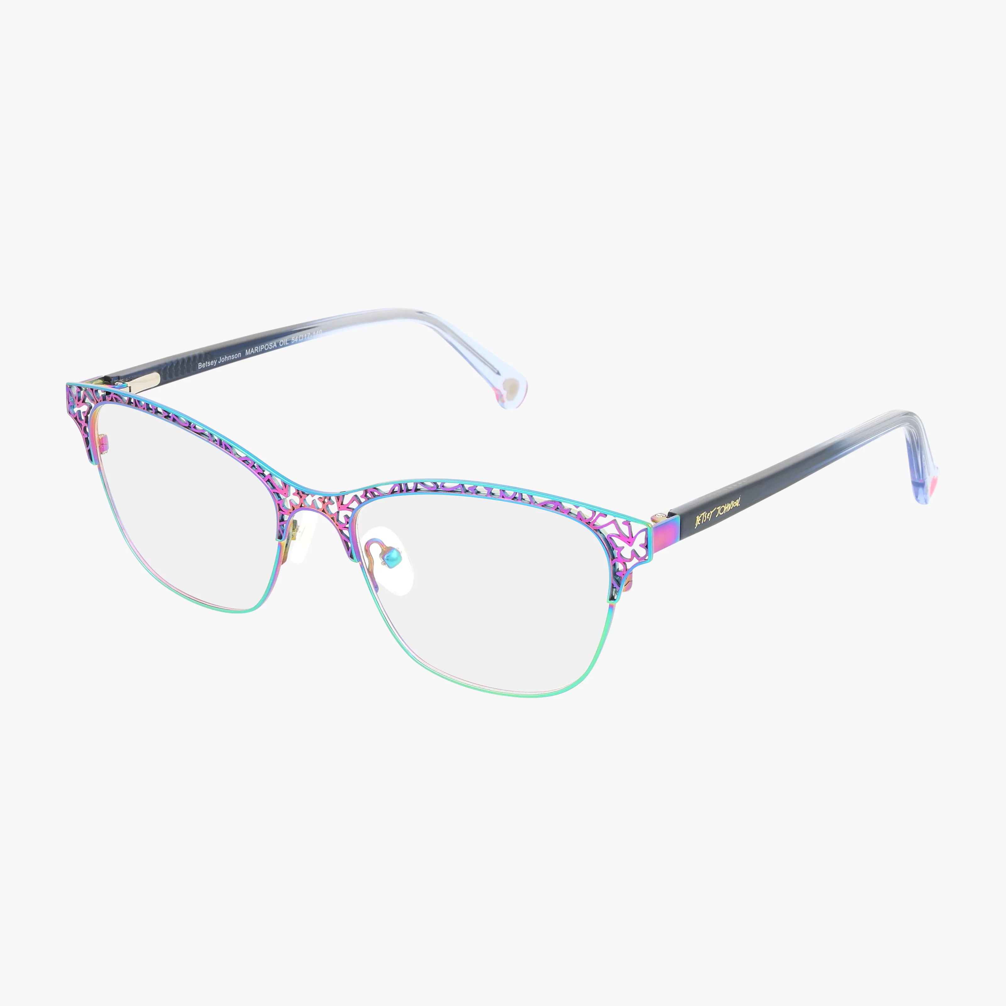 Betsey Johnson MARIPOSA eyeglasses feature a stylish thin rectangular frame in vibrant multicolor with dark temples, gold accents, light tips, and adjustable nose pads. Available with Transitions® lenses.