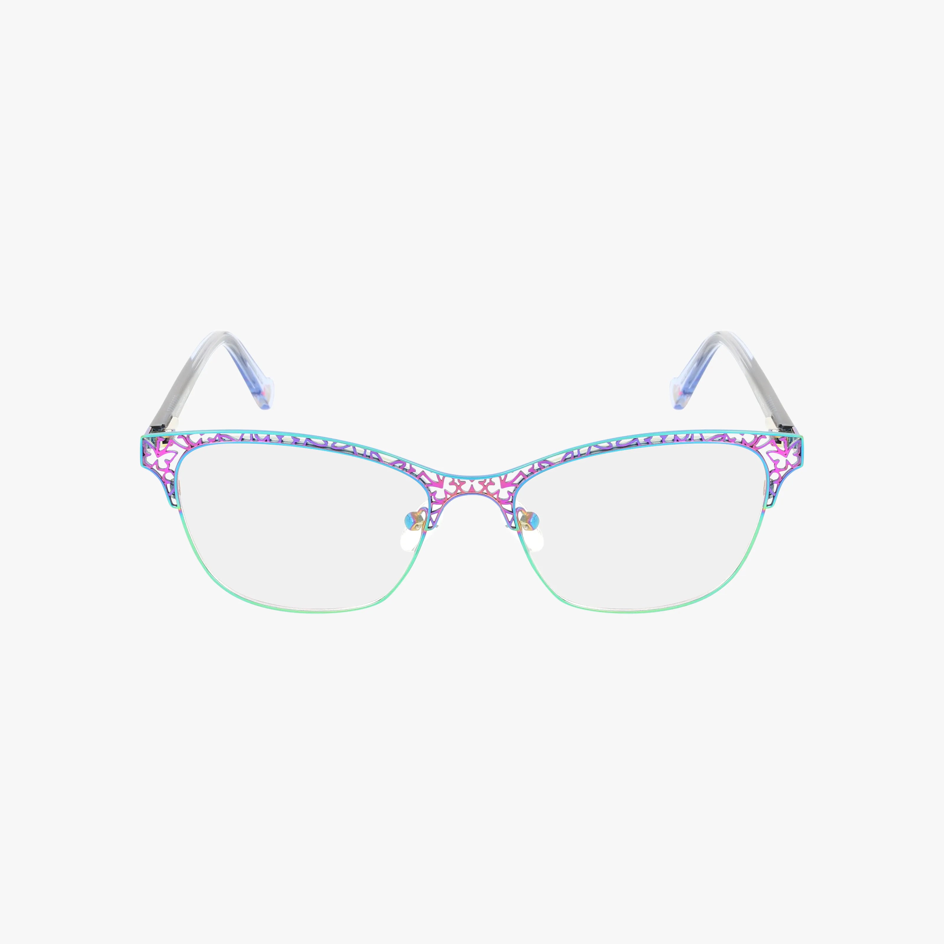 The Betsey Johnson MARIPOSA eyeglasses feature a thin, semi-rimless frame with a blue and pink floral top, pale green bottom rim, translucent arms, clear lenses, and classic lines for a stylish look.