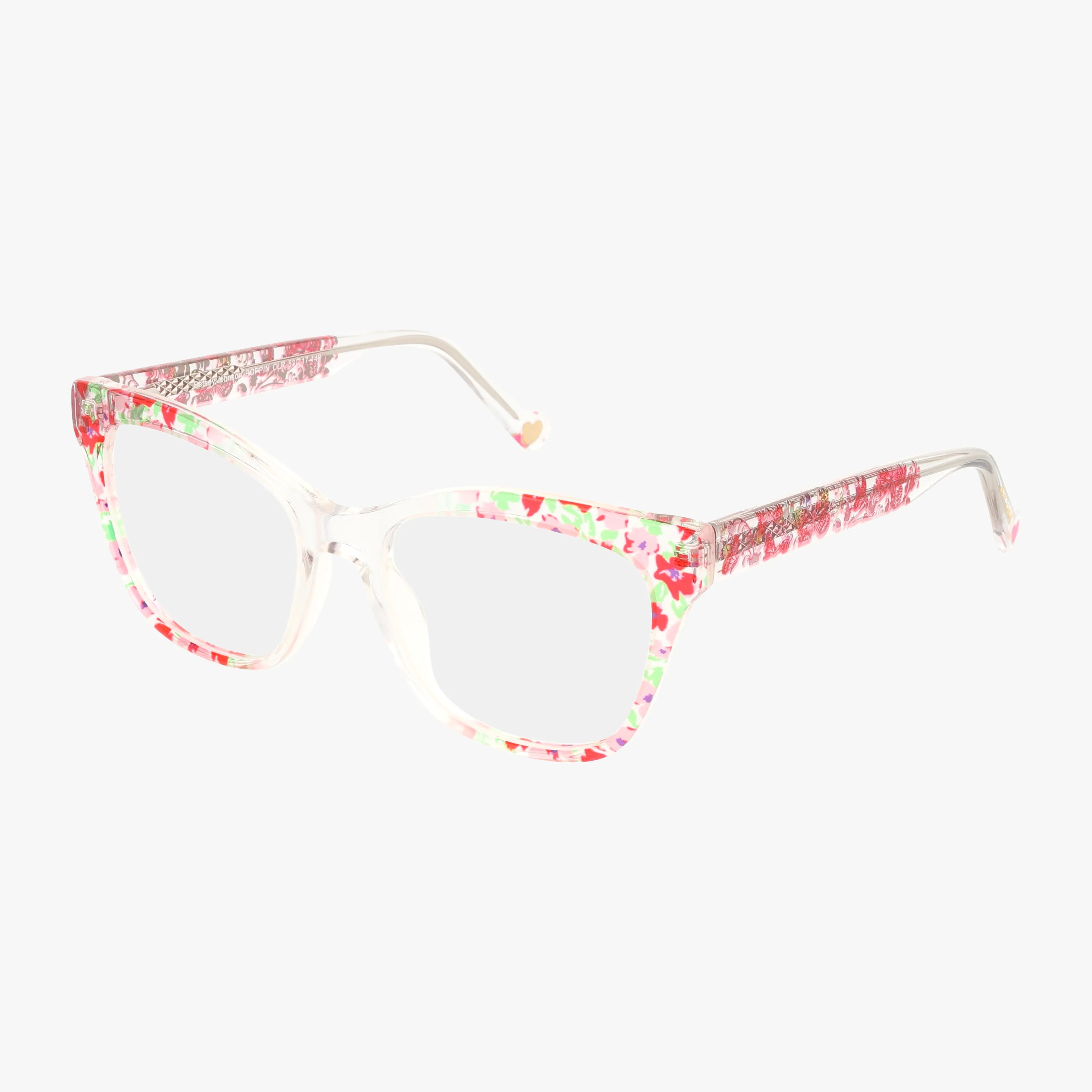 The Betsey Johnson POPPIN eyeglasses feature clear multicolor frames in a playful confetti pattern, combining style and durability for everyday wear. Shown against a plain white background.