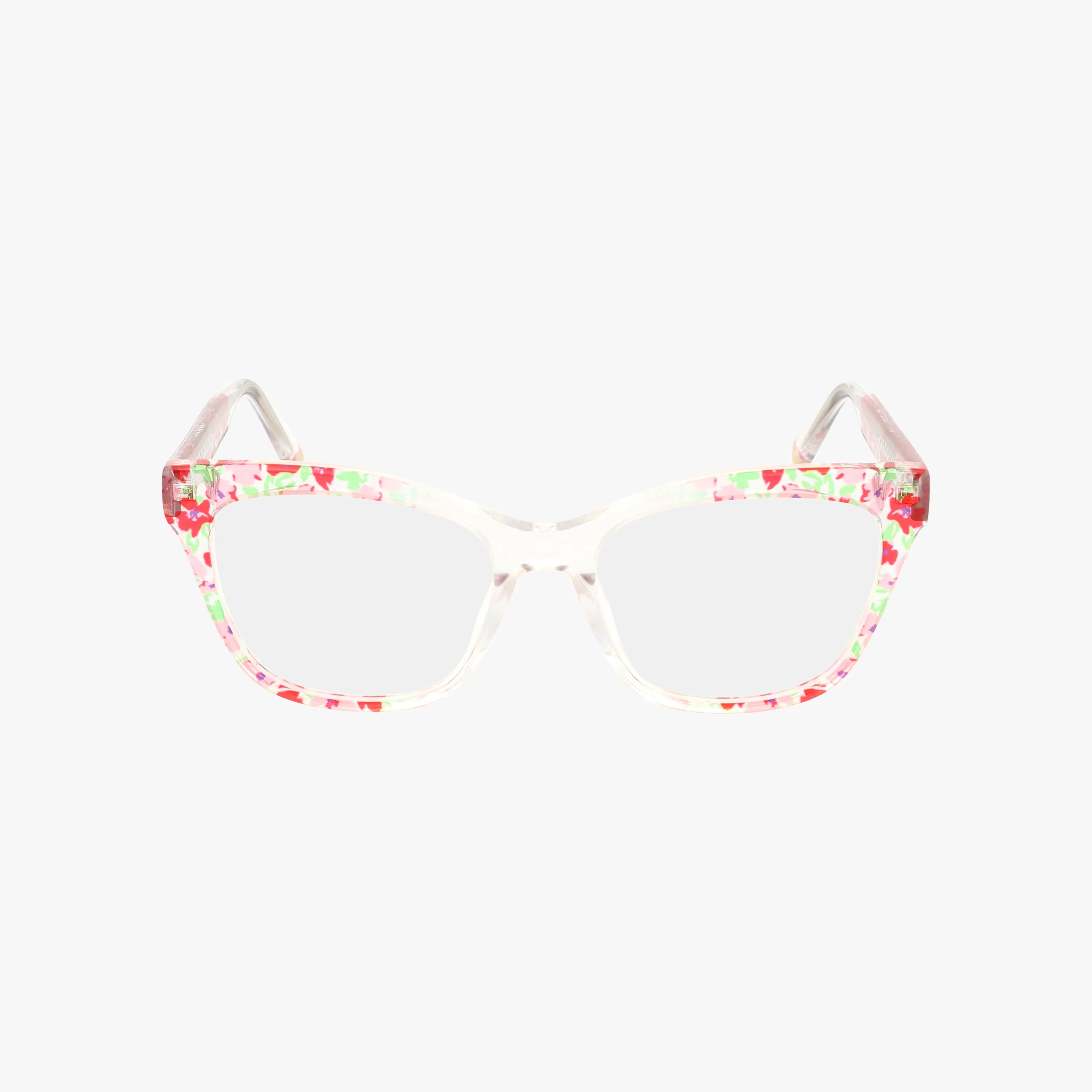The Betsey Johnson POPPIN eyeglasses feature a durable rectangular frame with a multicolored pink, red, and green pattern—ideal for stylish daily wear—shown on a plain white background.