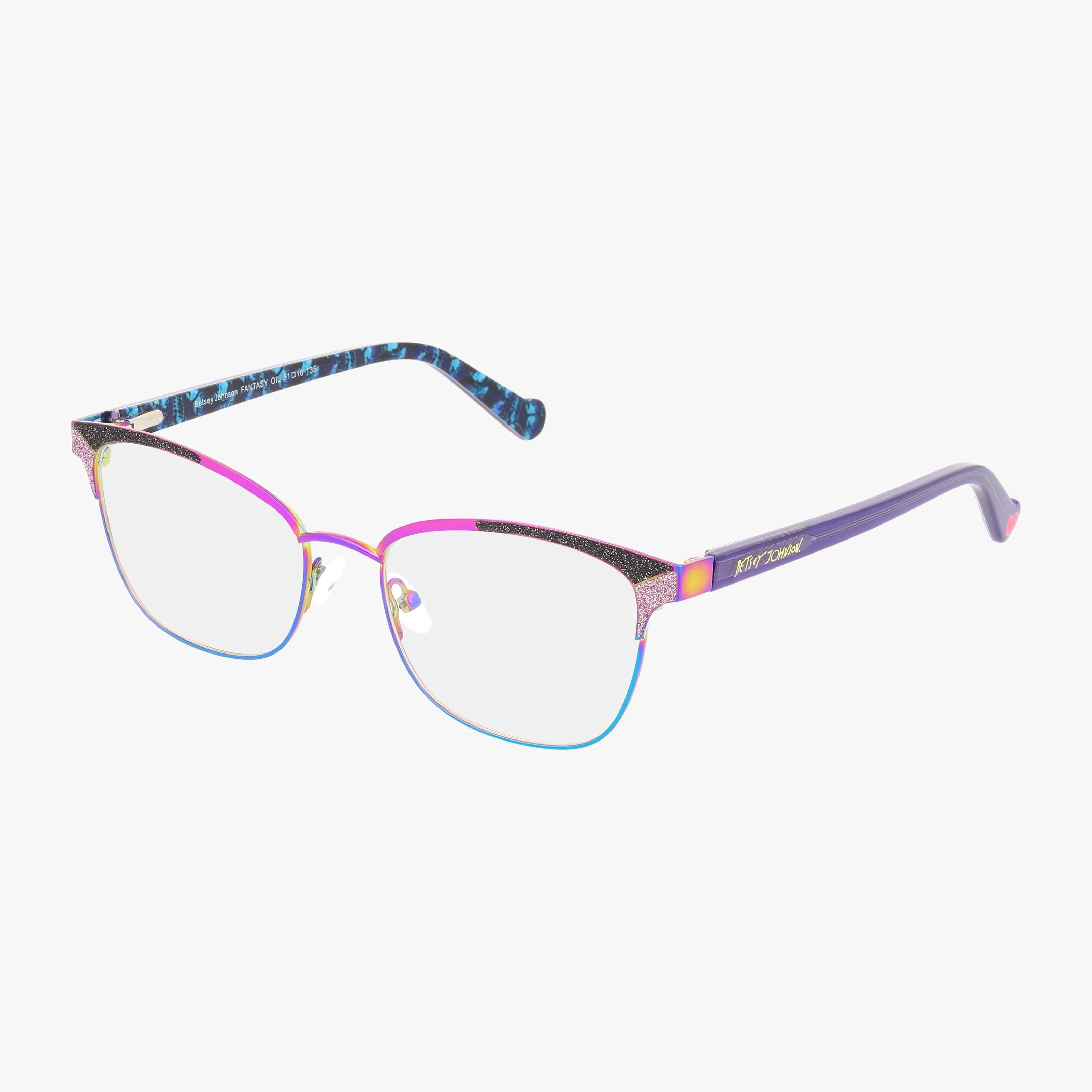 FANTASY by Betsey Johnson features a multicolor metal frame with pink, purple, and blue accents, patterned temples, and clear lenses—blending modern style with classic design.