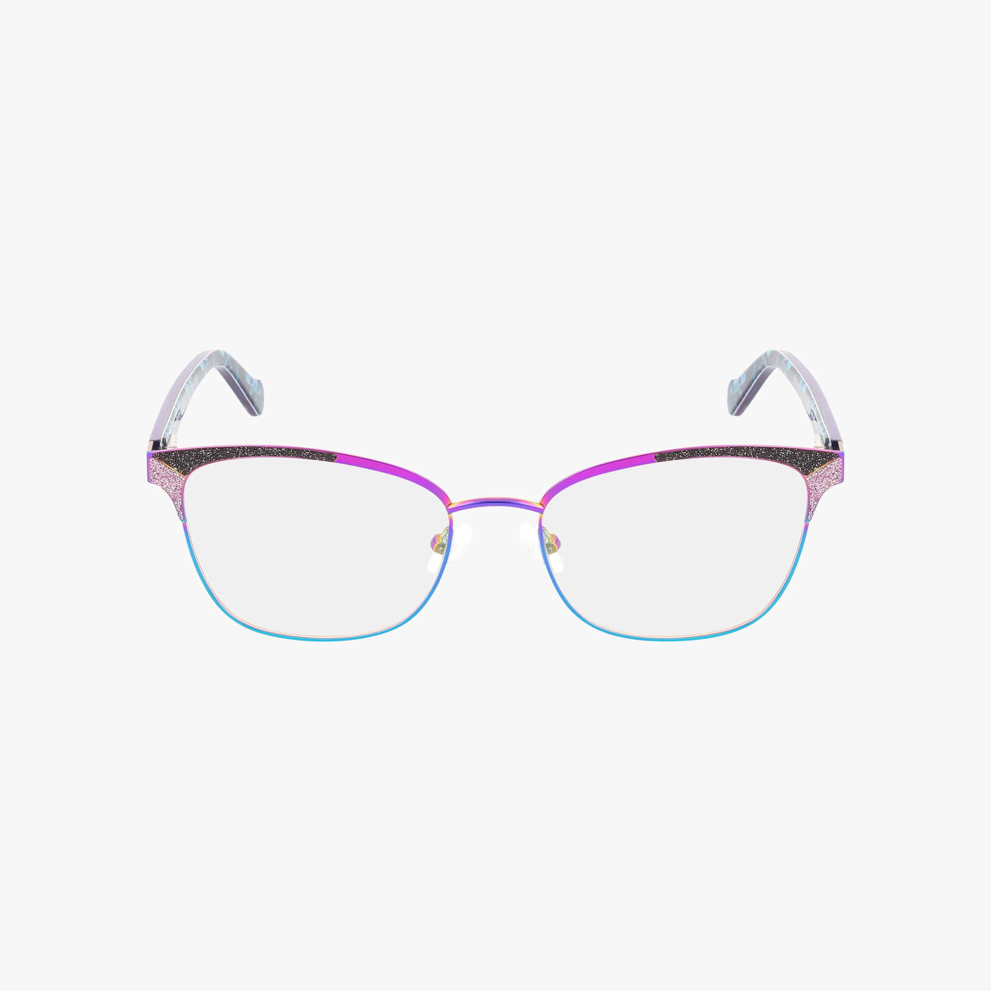 The Betsey Johnson FANTASY eyewear has a semi-rimless classic frame with purple and pink glitter on top, clear lower rims, and translucent temples accented with blue for a modern touch.
