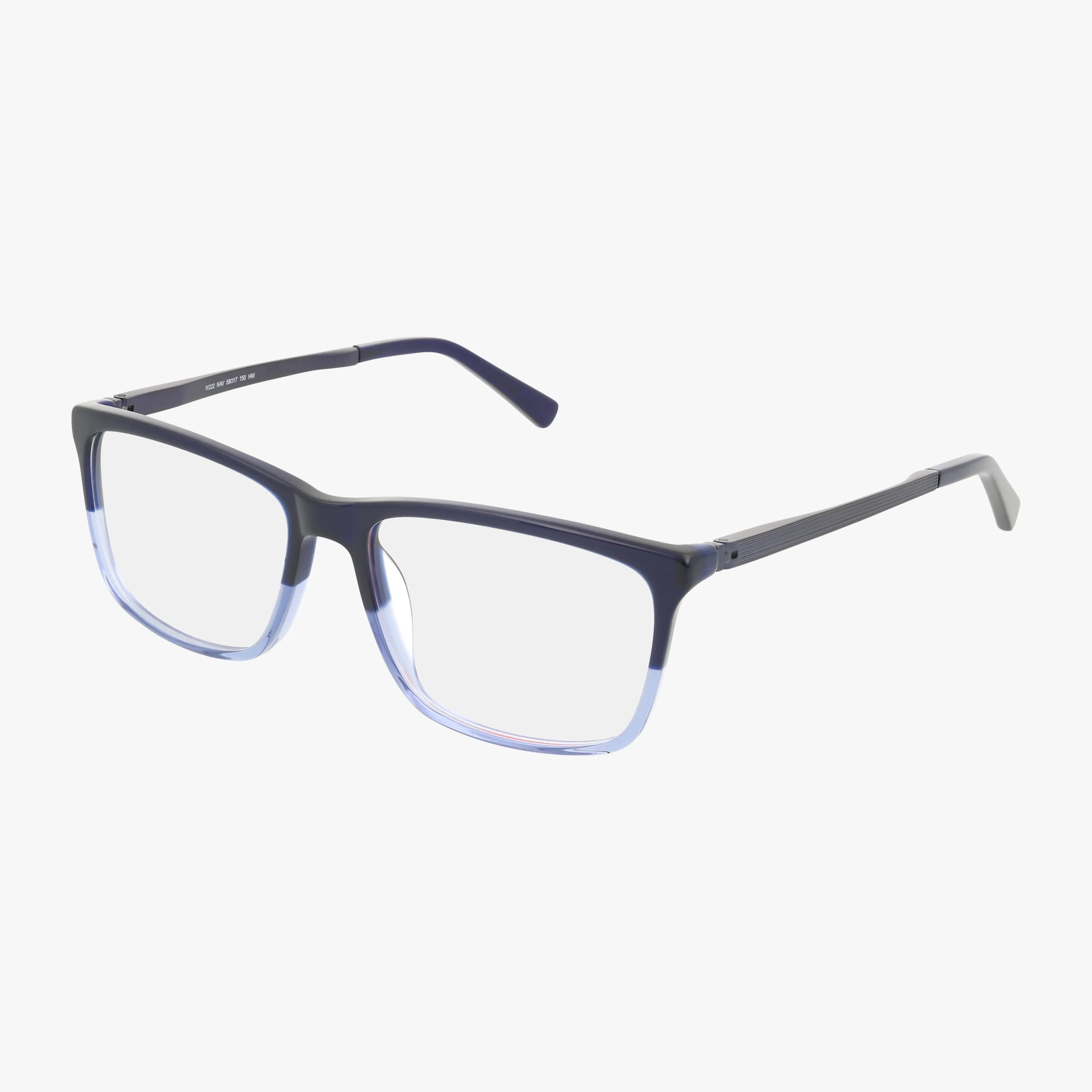 The Wrangler W222 rectangular eyeglasses feature a lightweight blue frame with black that fades to light blue at the bottom, displayed on a white background.