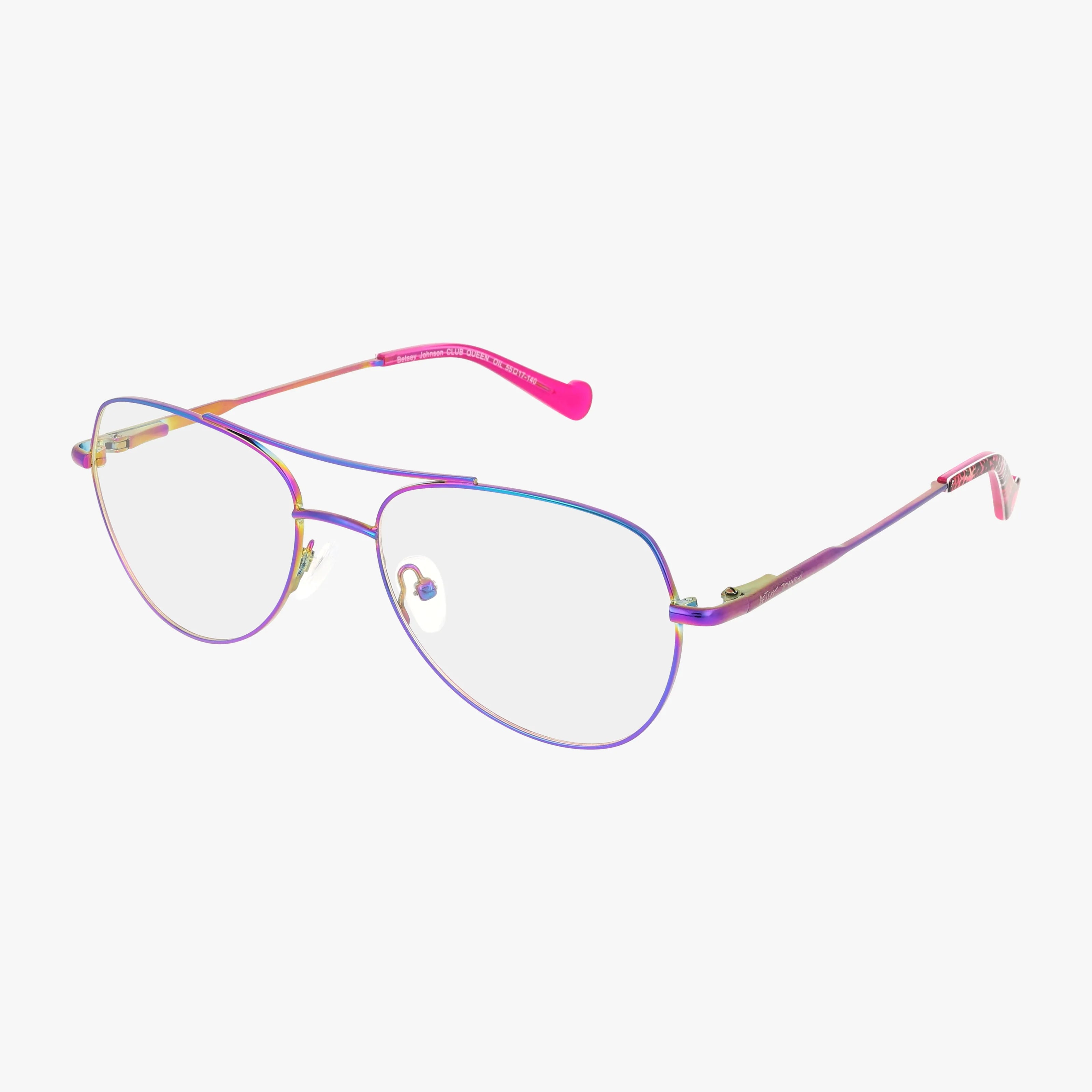 Multicolor CLUB QUEEN aviator-style eyeglasses by Betsey Johnson, featuring thin metallic frames and pink temple tips—stylish clear-lens eyewear displayed on a white background.