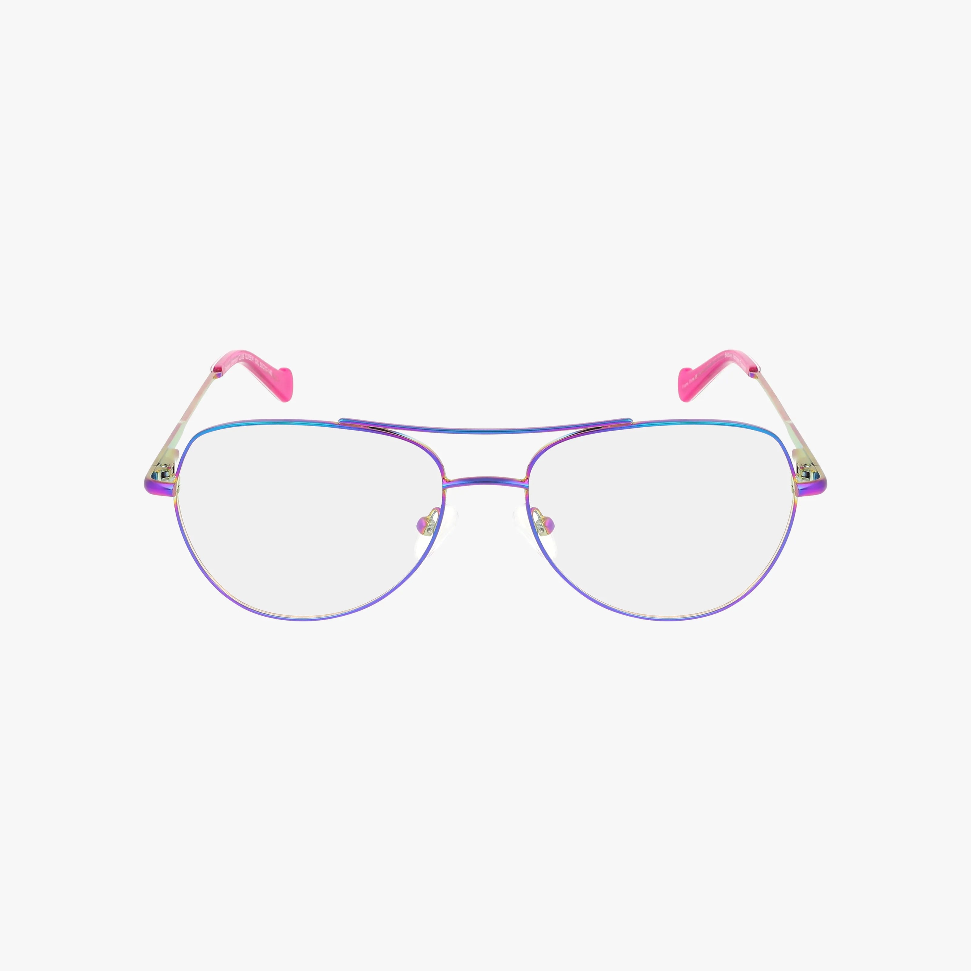 The CLUB QUEEN by Betsey Johnson are aviator-style eyeglasses with thin metallic frames in a purple-blue gradient, pink temple tips, and clear lenses. Chic and rock-inspired, they're the perfect accessory to elevate any look. Displayed on a white background.