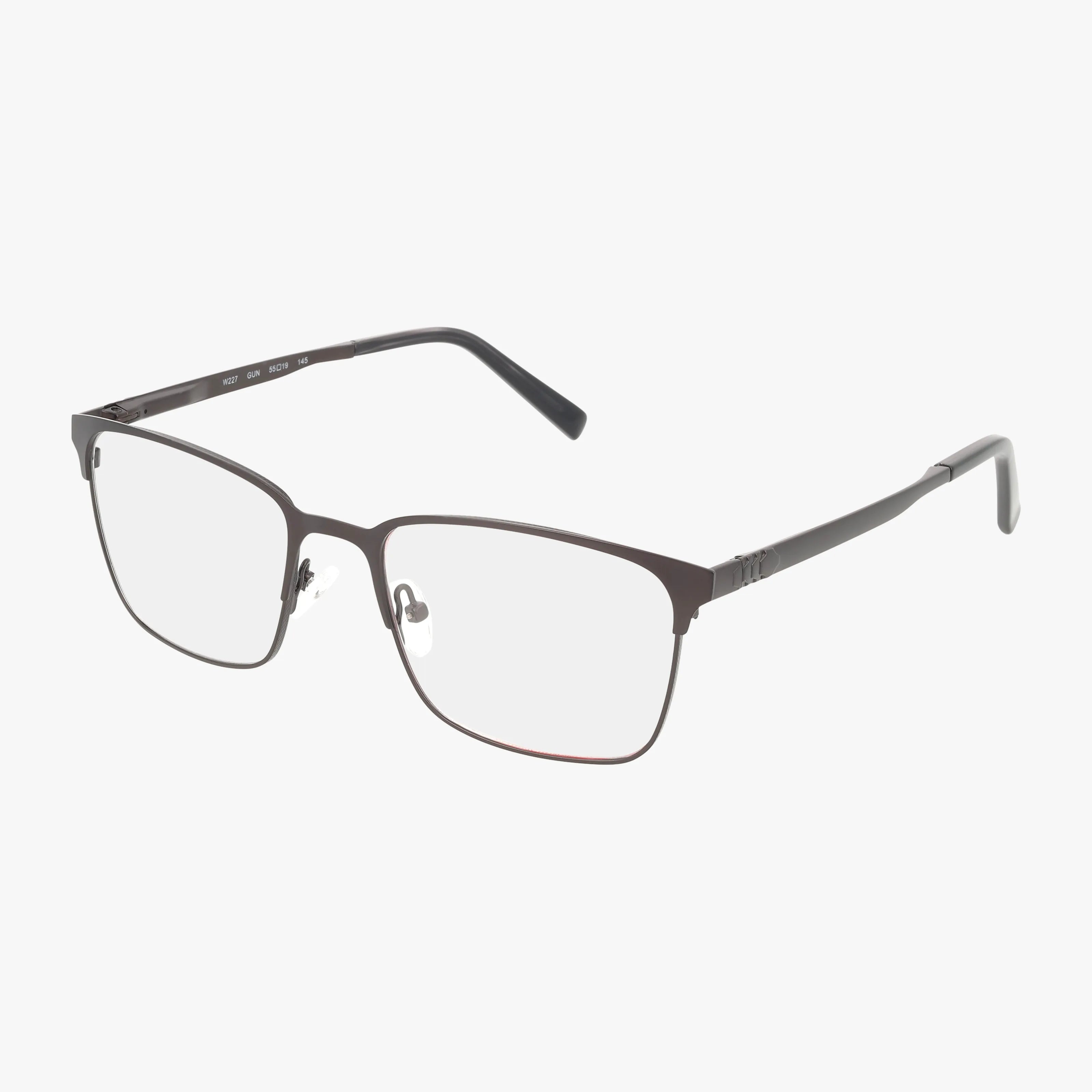 The Wrangler W227 eyeglasses feature a rectangular, thin gunmetal frame with clear lenses and adjustable nose pads—versatile, lightweight metal eyewear—shown on a white background.