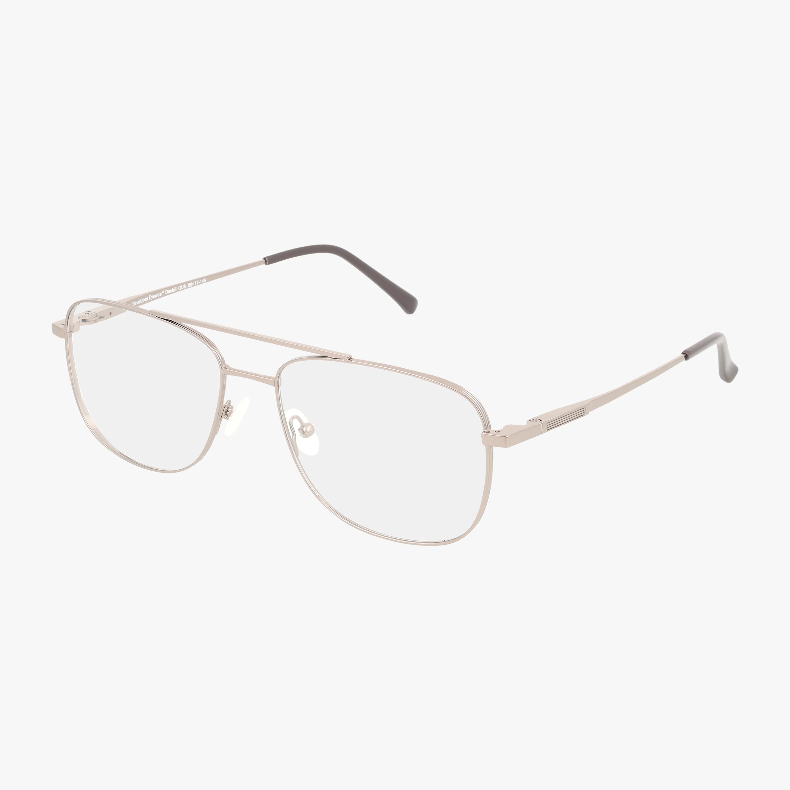 The DUNHILL by Revolution features gunmetal aviator-style eyeglasses with clear lenses, a modern thin and lightweight frame, and black-tipped arms, shown on a white background.