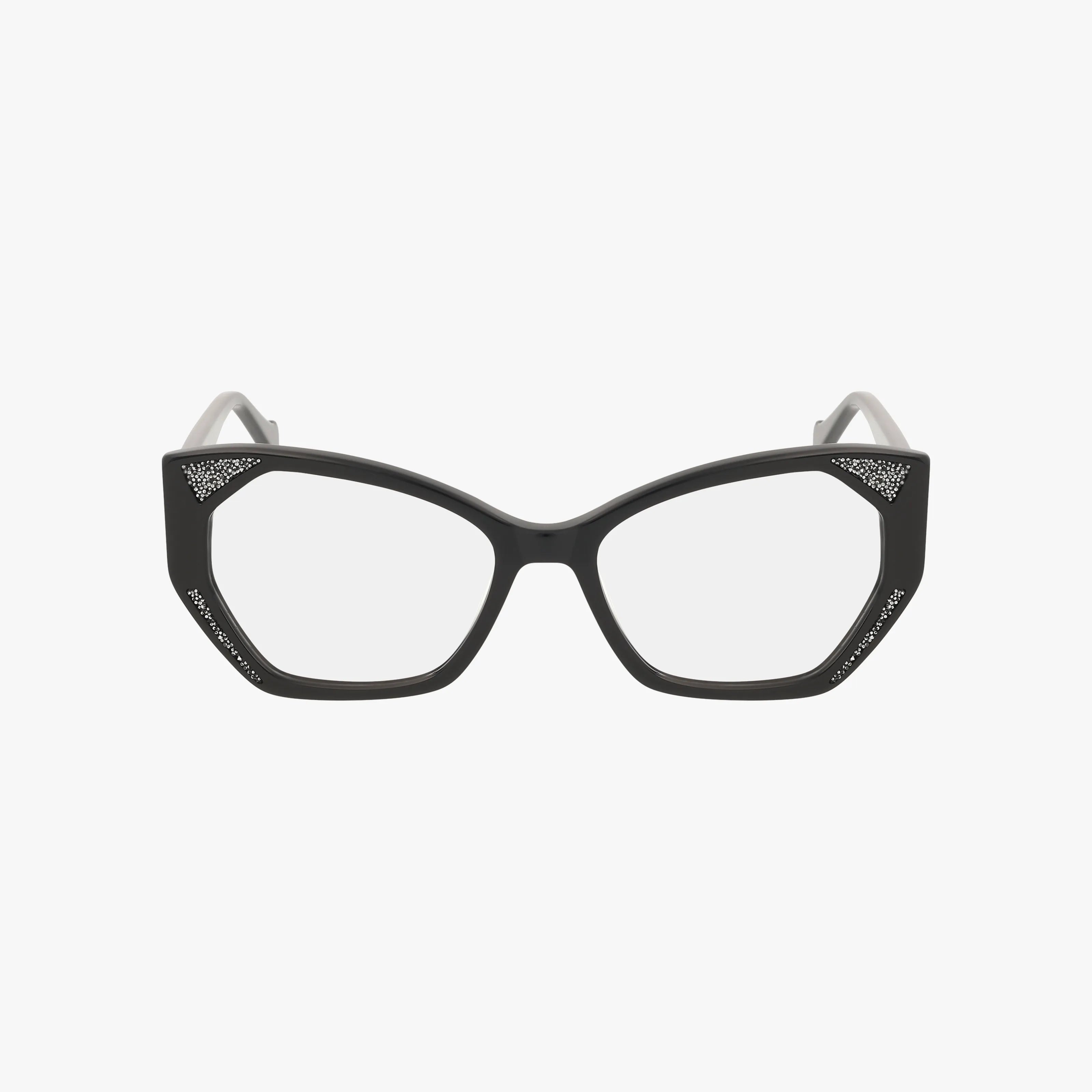The Betsey Johnson CEO VIBES eyeglasses feature a black cat-eye frame with clear lenses and small silver accents on the corners, creating a bold statement. Shown against a white background.