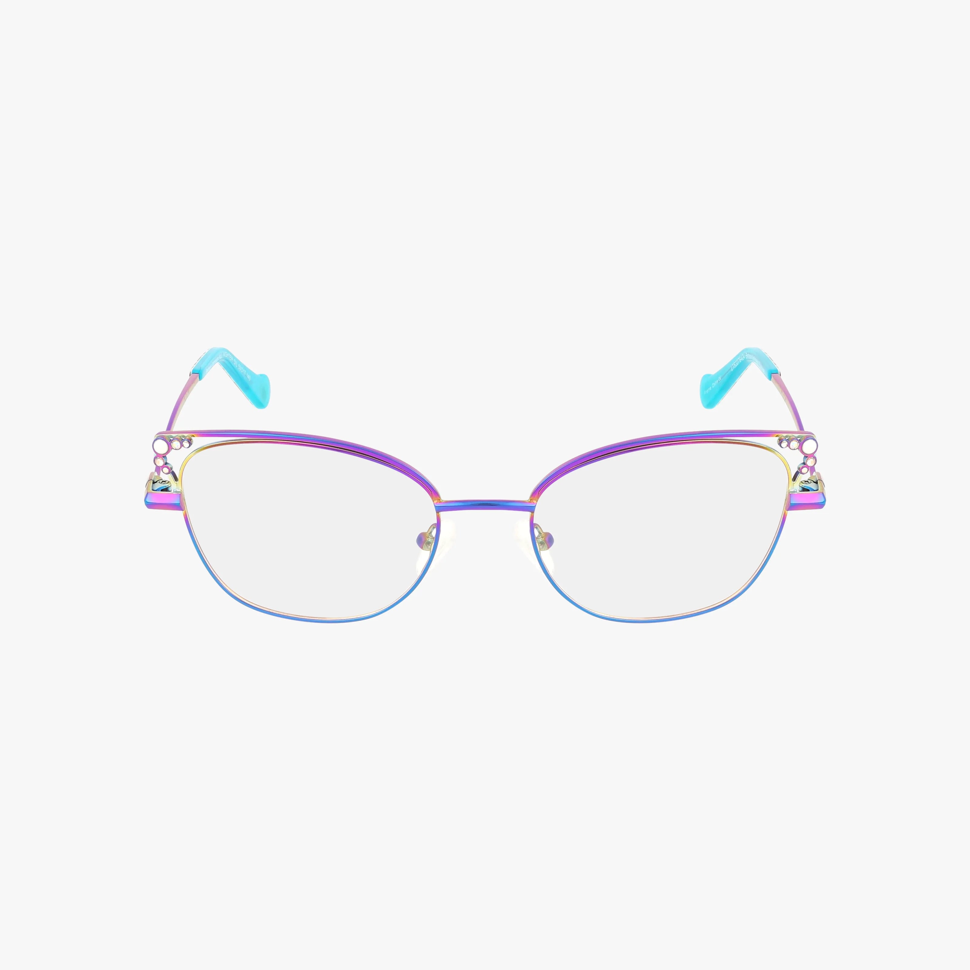 The Betsey Johnson ALL NIGHTER glasses feature a metallic purple and gold cat-eye frame with clear lenses and light blue temple tips, highlighting a retro-inspired style against a white background.