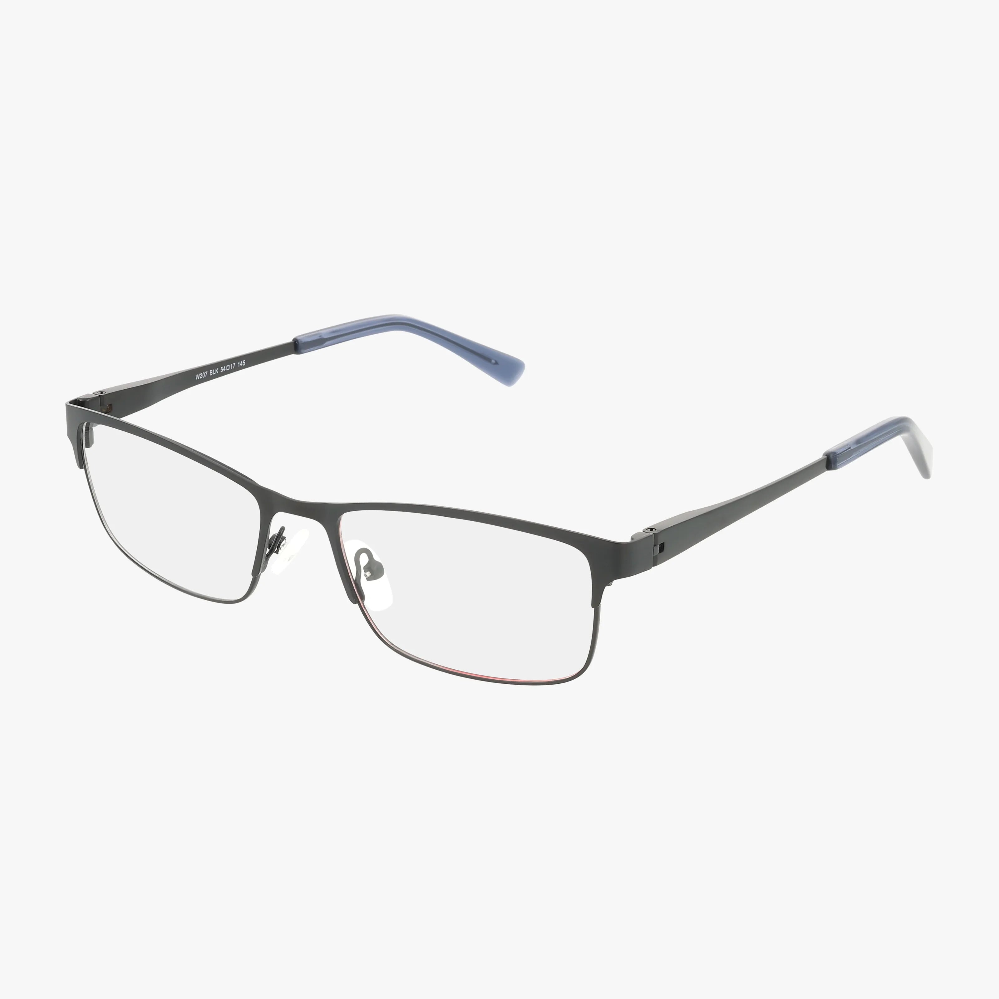 The Wrangler W207 rectangular eyeglass frames feature black rims, thin temples, and blue tips for a bold, everyday look—shown on a white background.