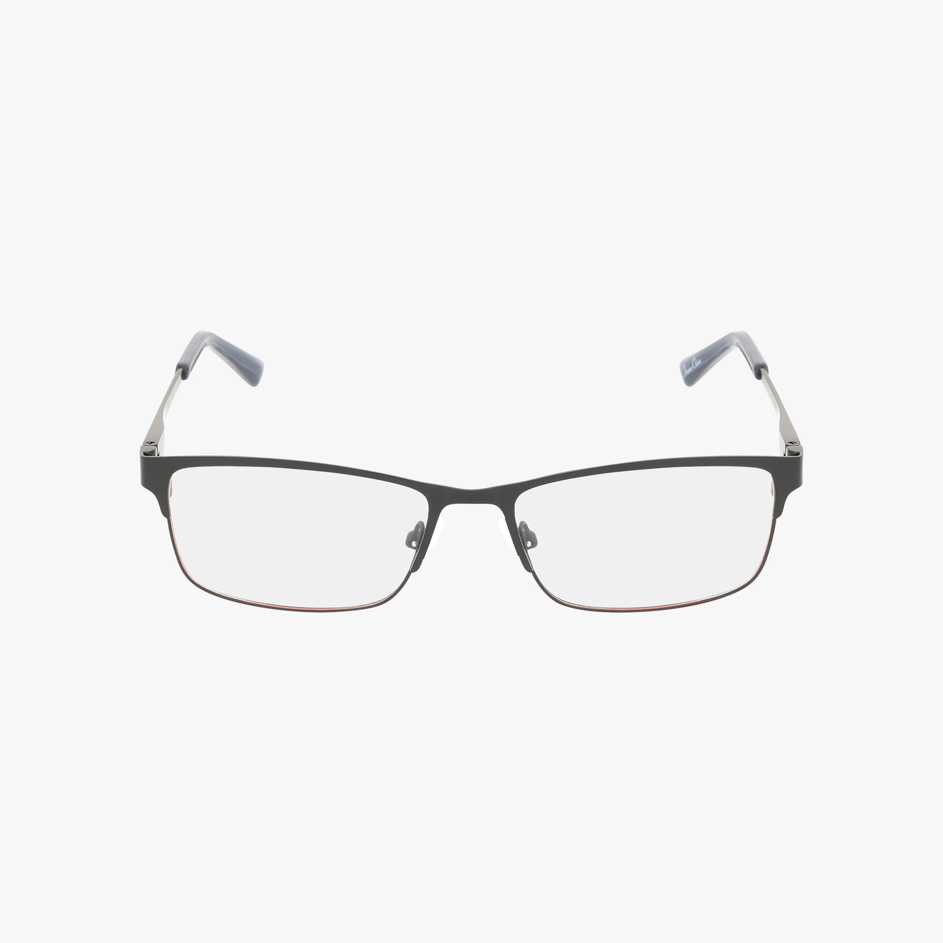 The Wrangler W207 eyeglasses feature thin, dark metal rectangular frames, clear lenses, and grayish-blue temple tips. Set against a white background, these glasses combine everyday excellence with lasting resilience.