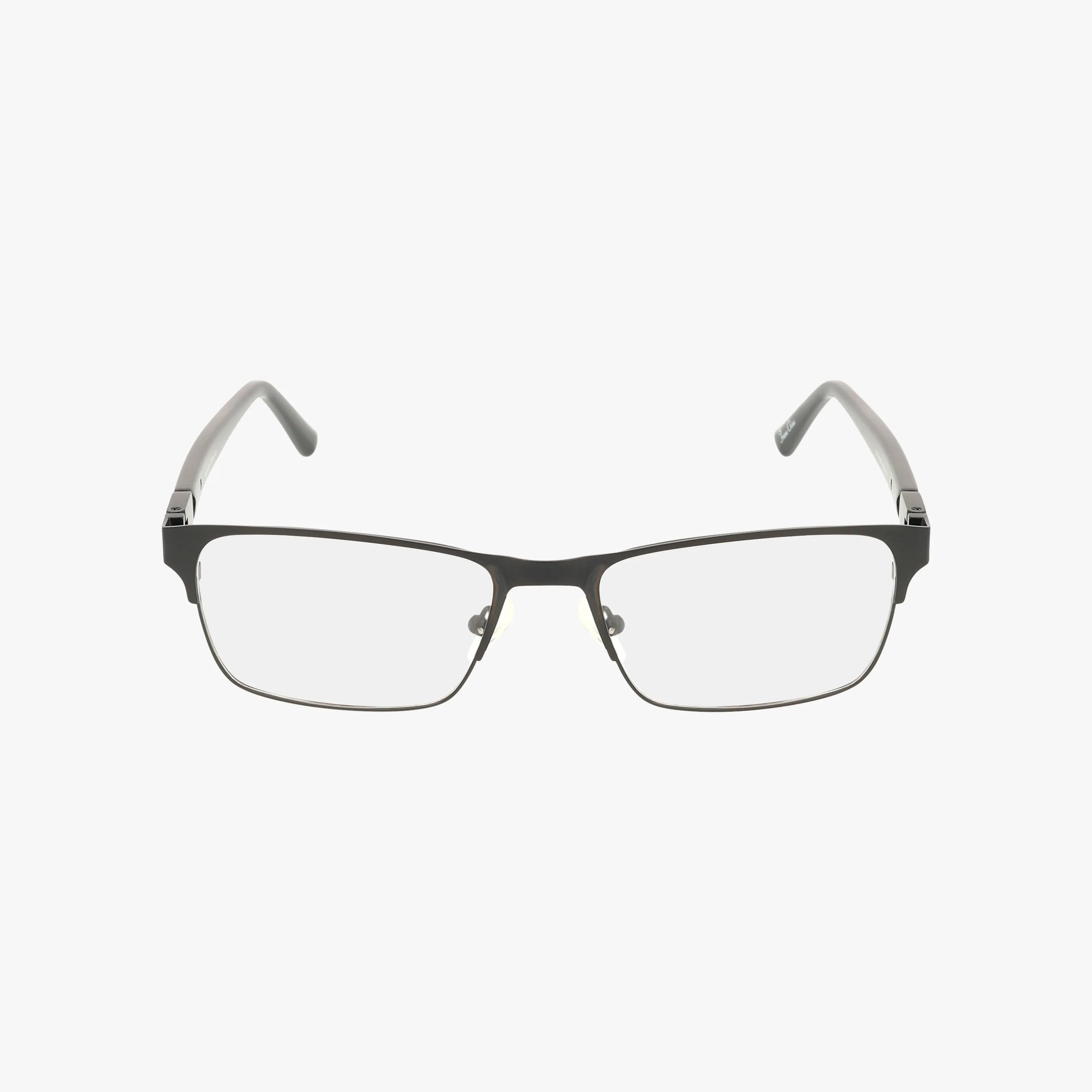 The Wrangler W210 features rectangular, thin-framed eyewear with black fronts and transparent temple arms, combining a classic frame design with modern construction, shown against a white background.