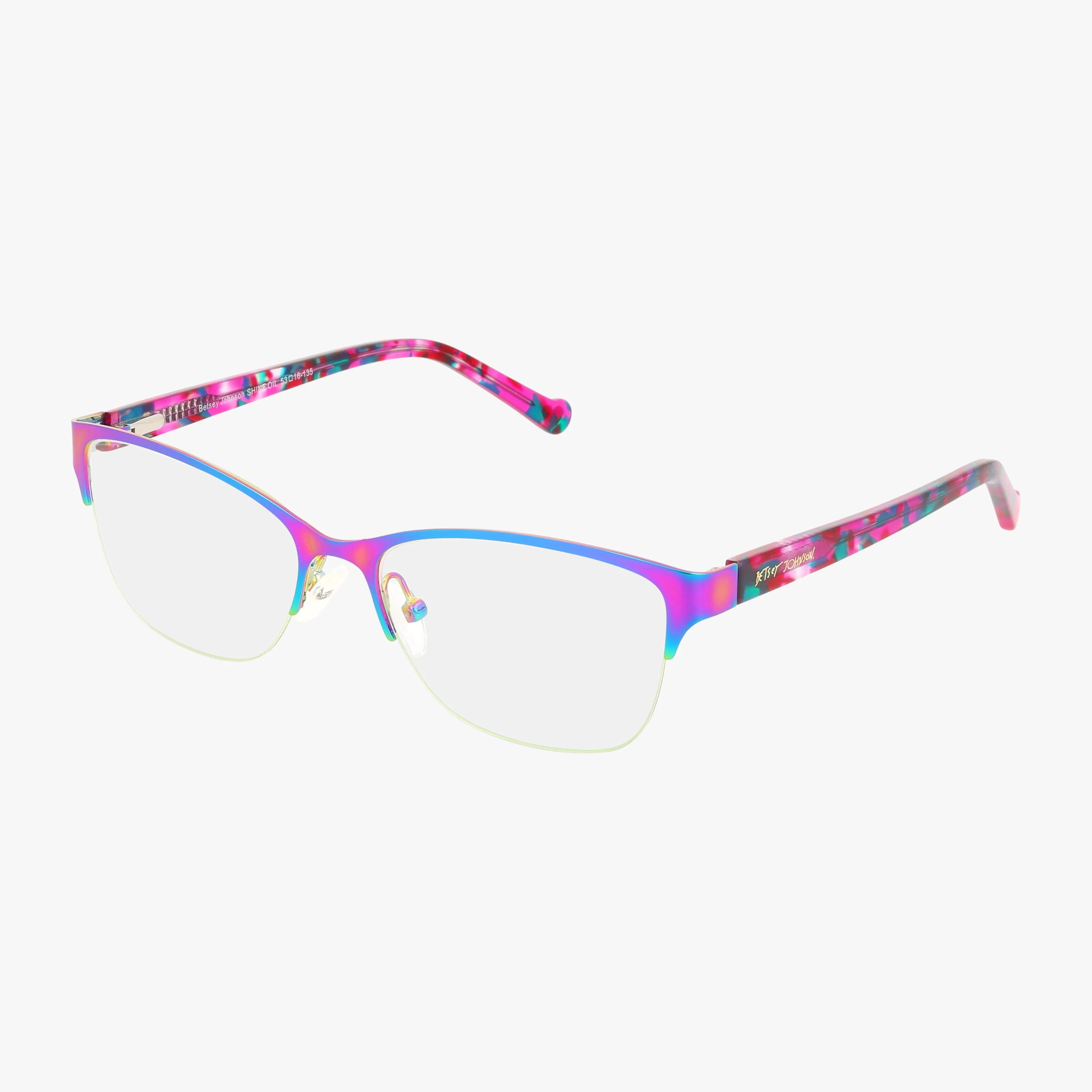 The Betsey Johnson SHINE eyeglasses feature a light, resilient metallic frame in multicolor gradients and patterned pink and purple temple arms, displayed on a white background.