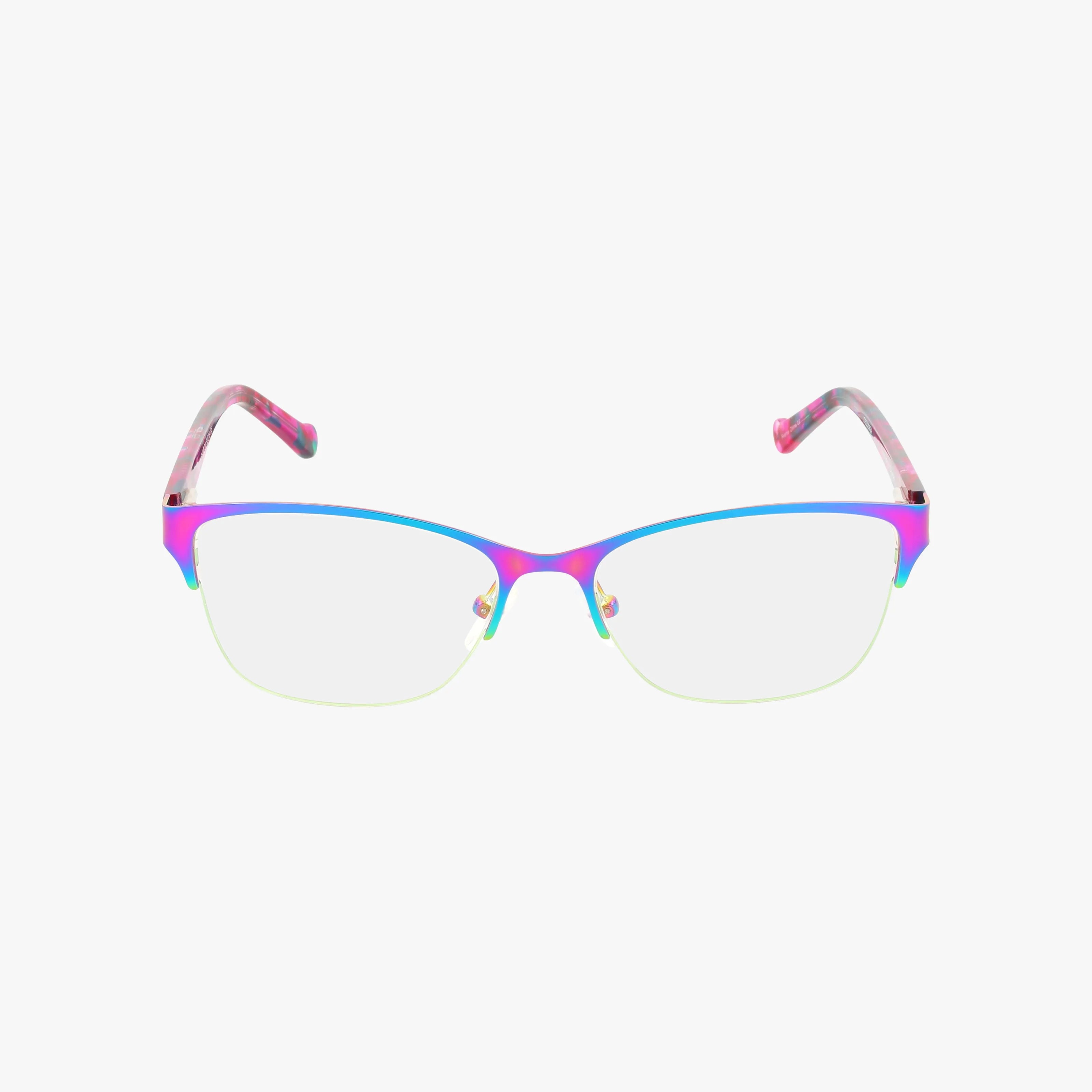 Betsey Johnson SHINE semi-rimless eyeglasses feature a contemporary gradient frame in blue, purple, and pink with coordinating pink and purple marbled arms, shown on a plain white background.
