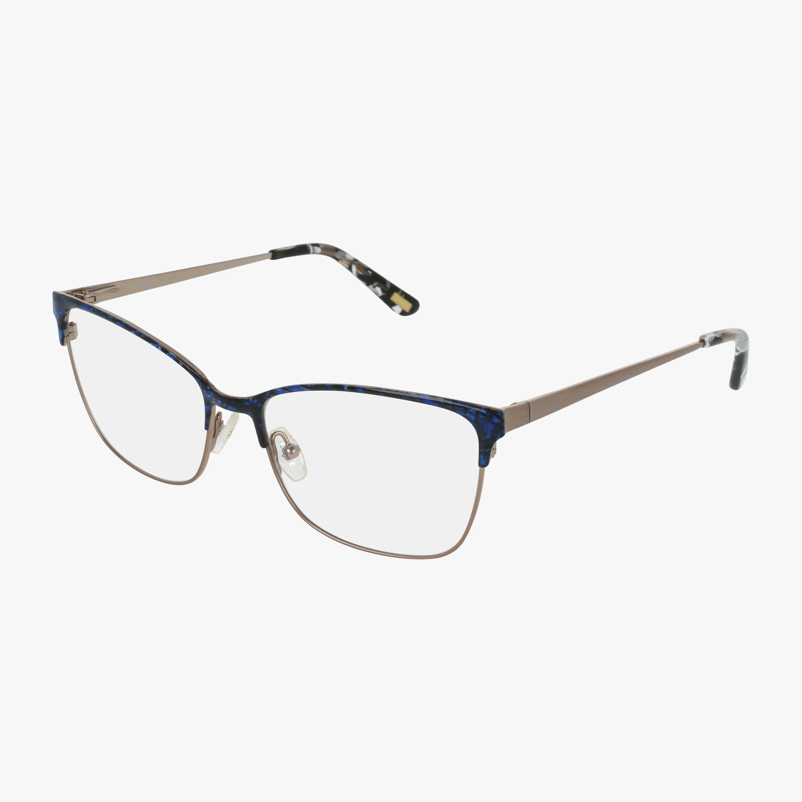 The XOXO CHRISTOVAL eyeglasses feature thin gold metal arms, a blue patterned browline, clear nose pads, and rectangular lenses, blending elegance with durability—shown against a white backdrop.
