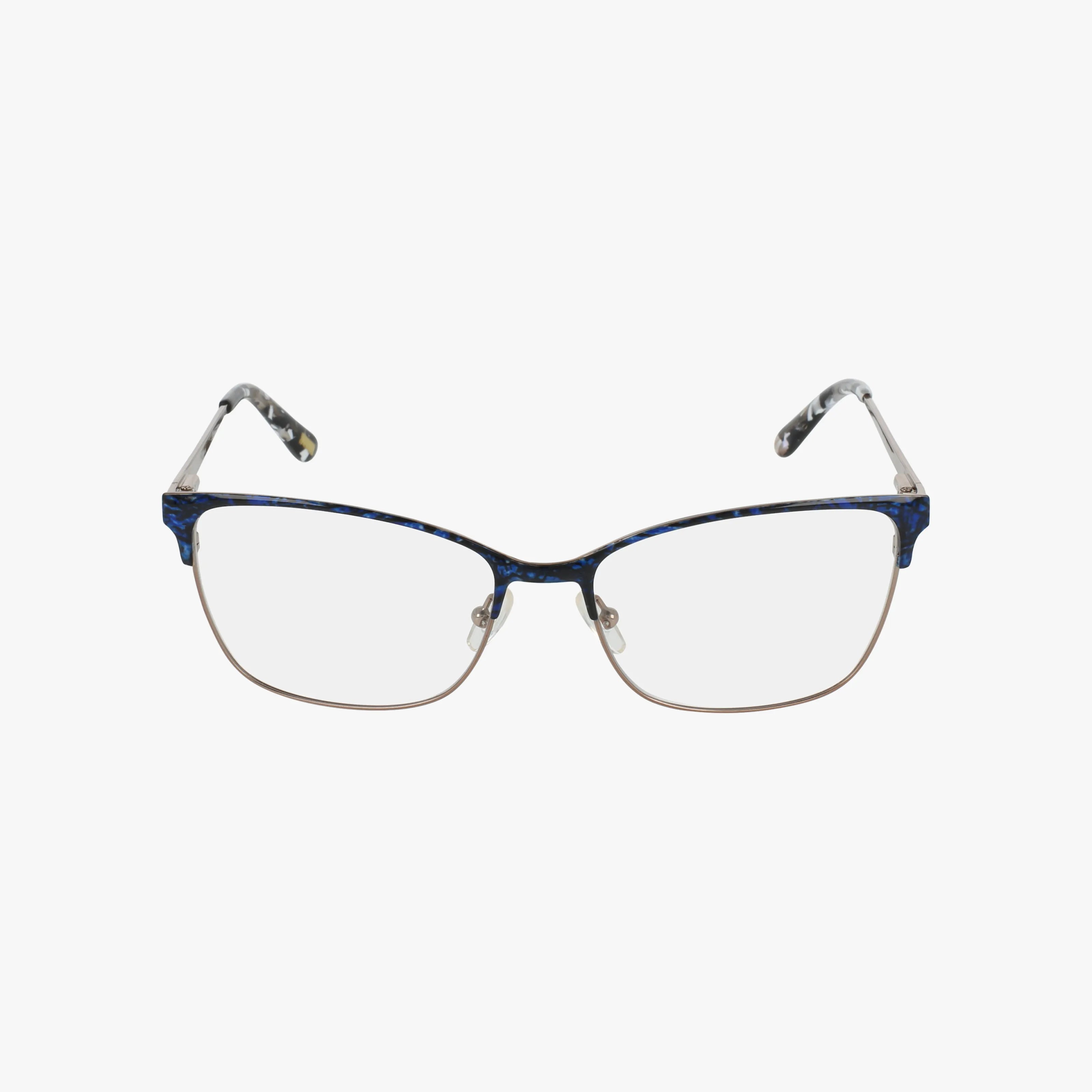 Discover the CHRISTOVAL eyeglasses by XOXO: sleek front view, thin metallic frame with dark blue top rim, silver bottom rim and temples. Marbled black and white temple tips add elegance to this robust, sophisticated style. Shop online now!.