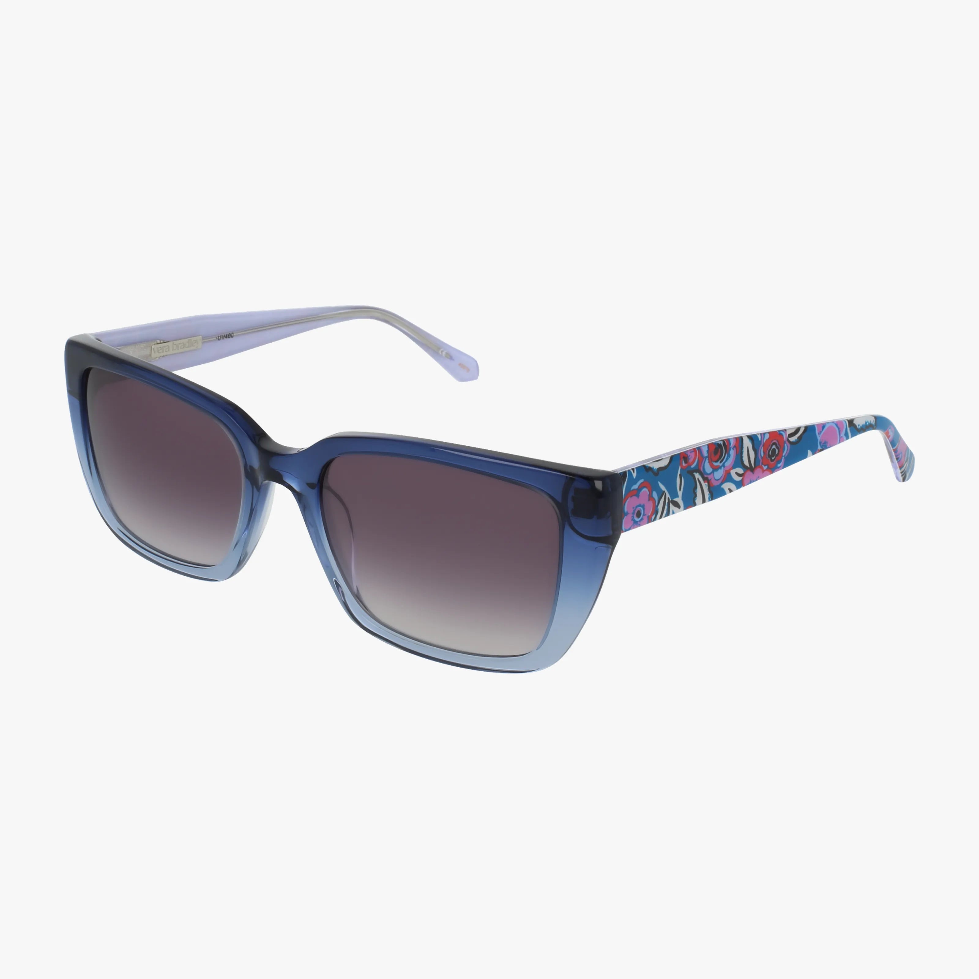 Introducing WEKIVA by Vera Bradley: blue gradient square sunglasses with dark tinted lenses and vibrant floral-patterned temples. Shown on a white background—buy online for effortless style on your next outdoor adventure.