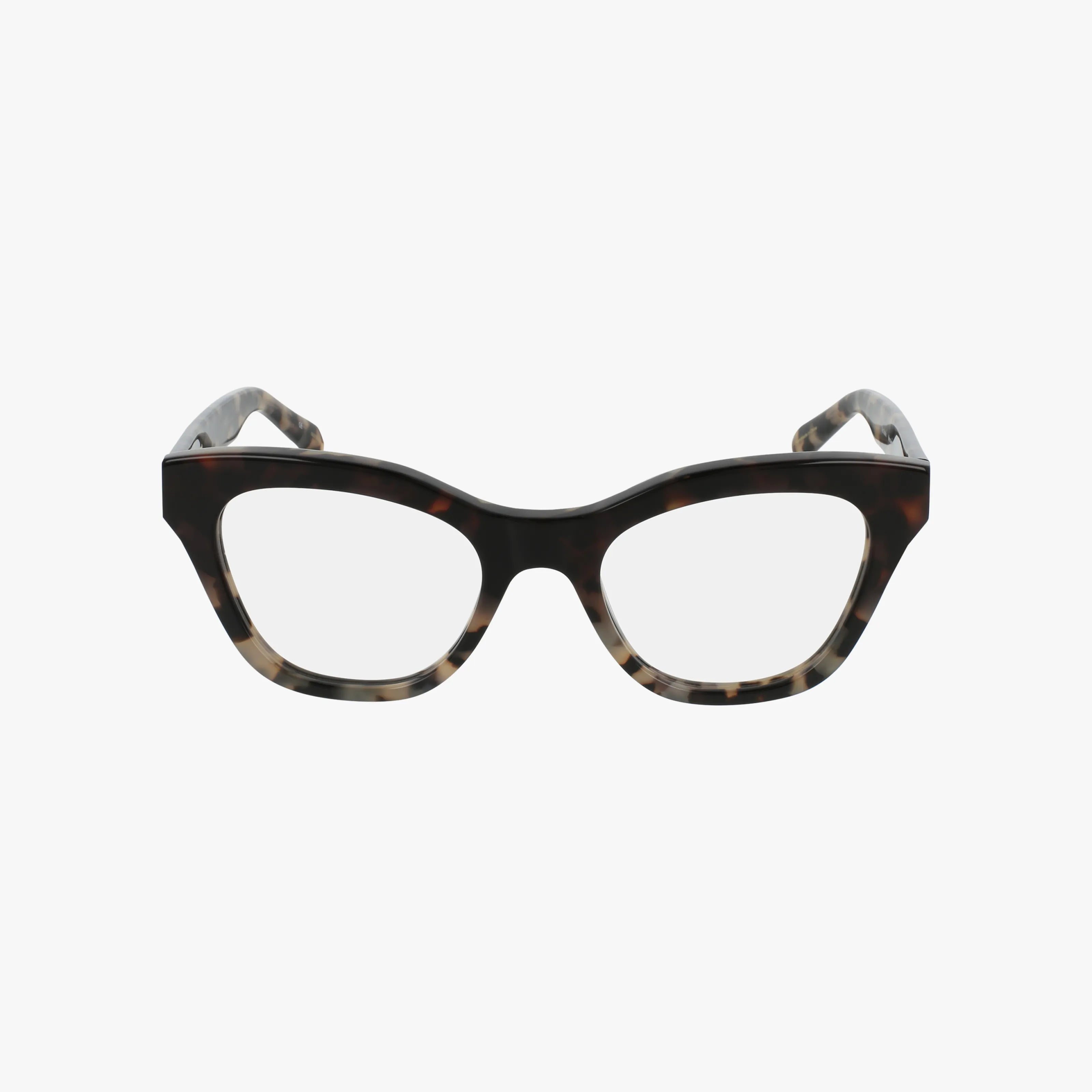 The Vera Bradley AU SABLE cat-eye eyeglasses feature a thick tortoiseshell frame and clear blue light lenses, providing stylish eyewear displayed on a plain white background.
