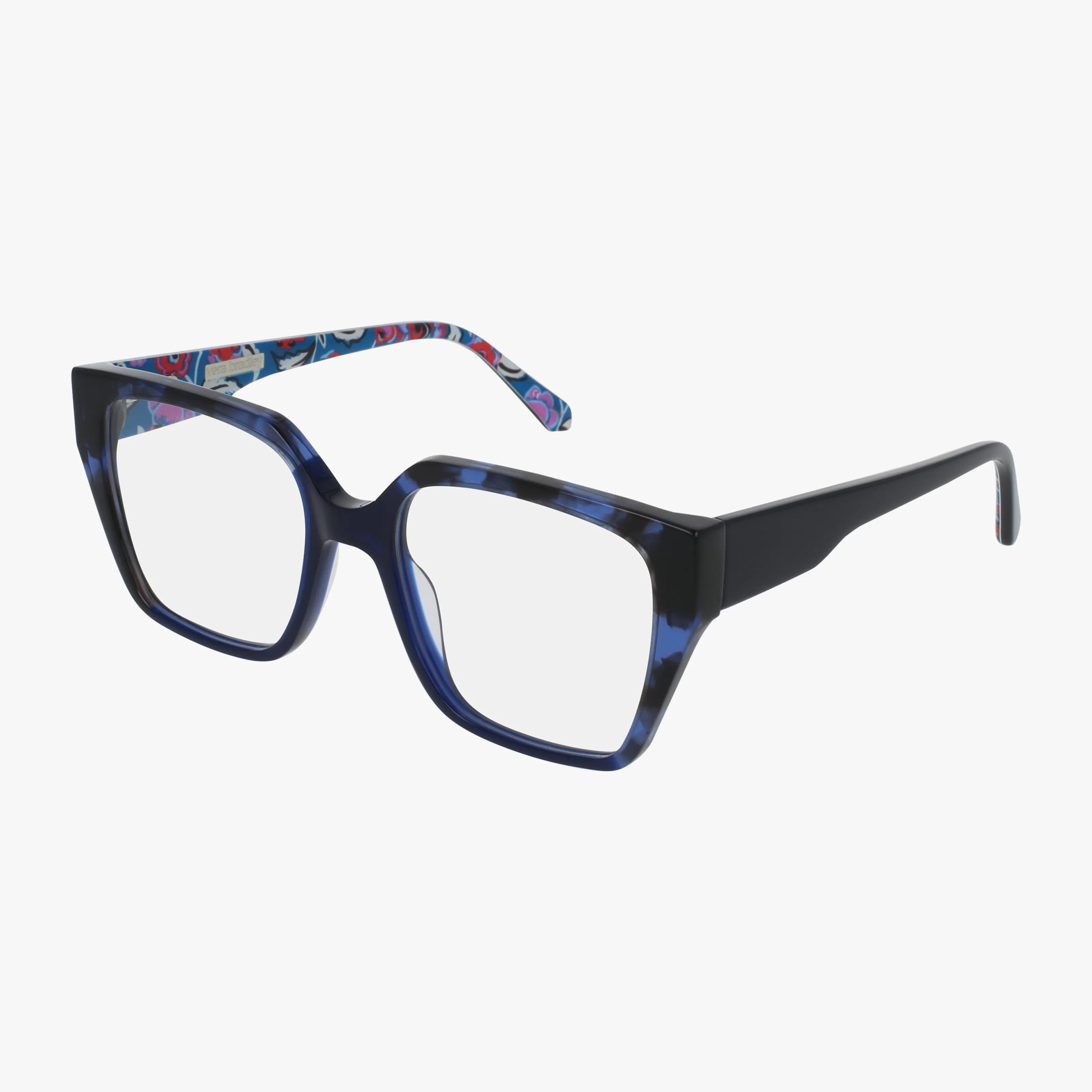 The Vera Bradley GARDINER eyeglasses feature square blue and black frames with a colorful floral pattern on the inner arms. Lightweight and stylish, theyre perfect for anyone seeking versatile eyewear while shopping online.