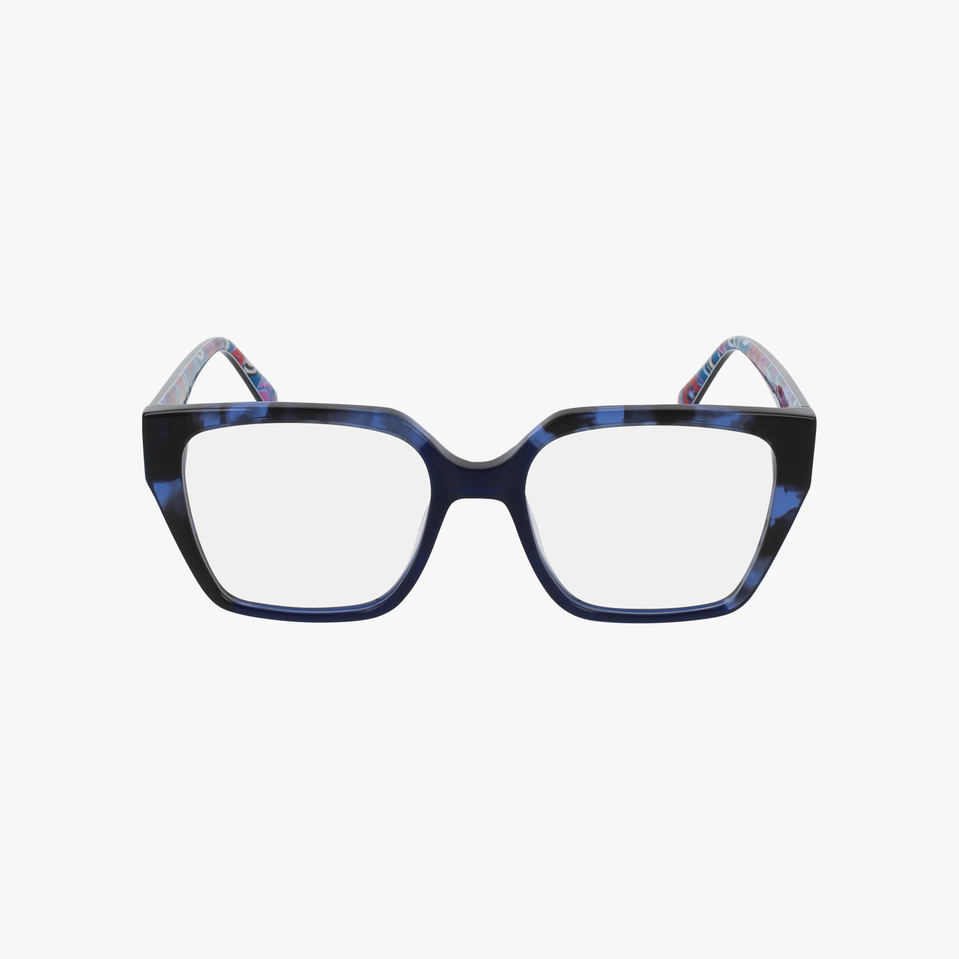 The Vera Bradley GARDINER eyeglasses are square with blue and black frames, clear lenses, and a subtle colorful inner arm pattern. Lightweight and stylish, they’re shown front-facing on a white background—versatile for any occasion.